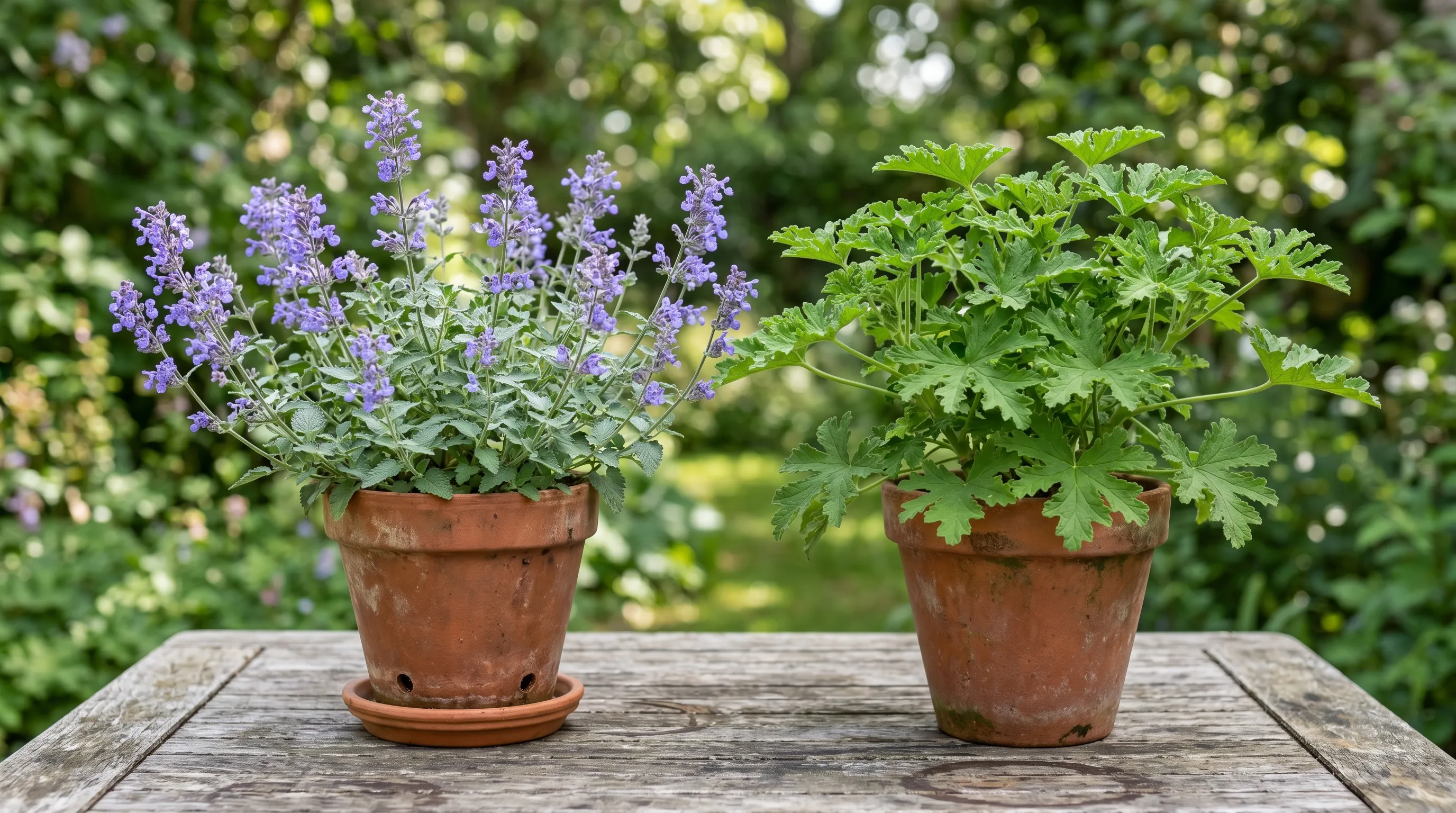 Side-by-side comparison of a flowering blue catmint plant and a green citronella scented geranium in matching pots on a garden table for identification