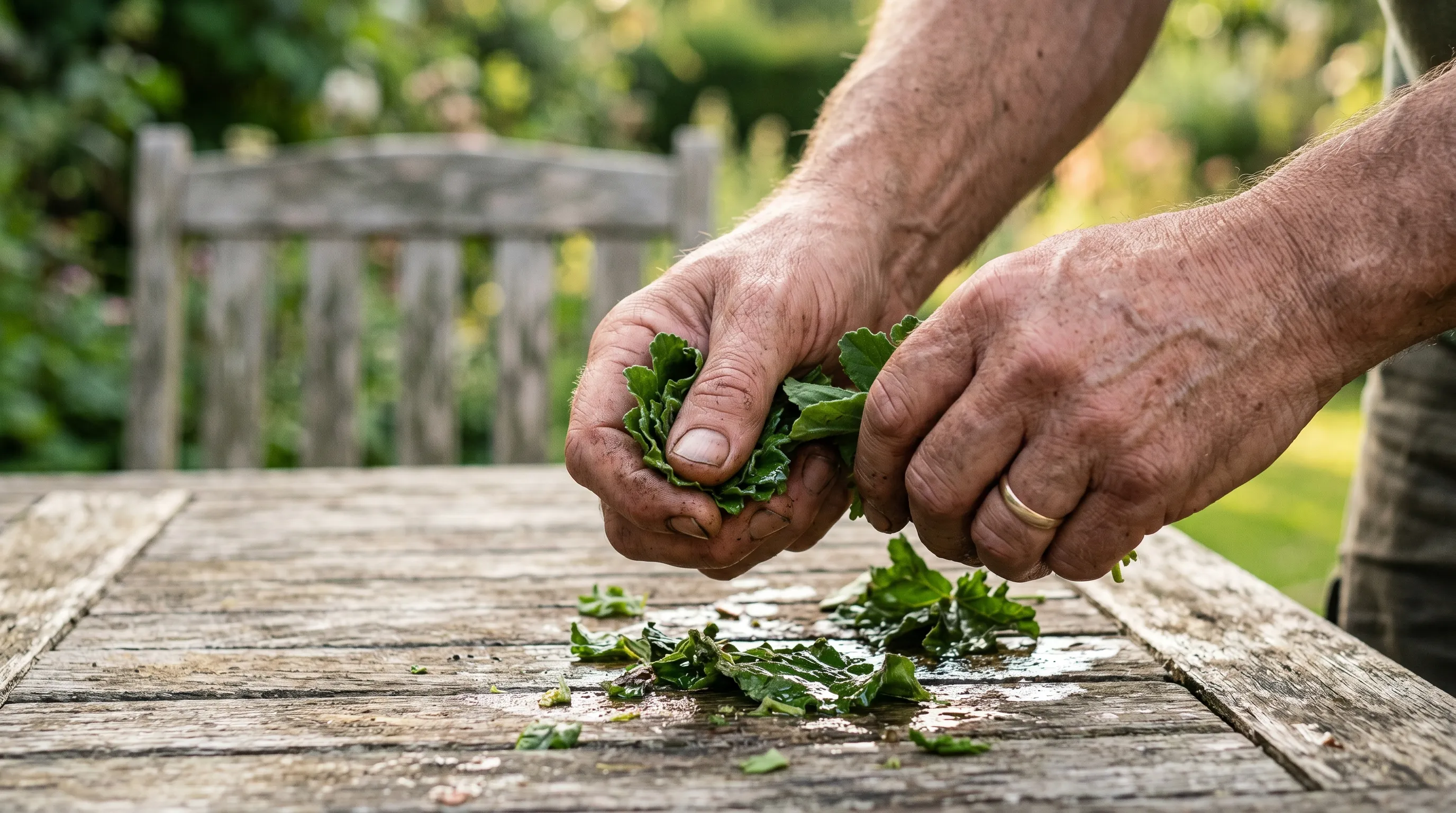 Close-up of two hands crushing green citronella geranium leaves over a garden table, releasing oils, with a patio chair behind in soft afternoon light