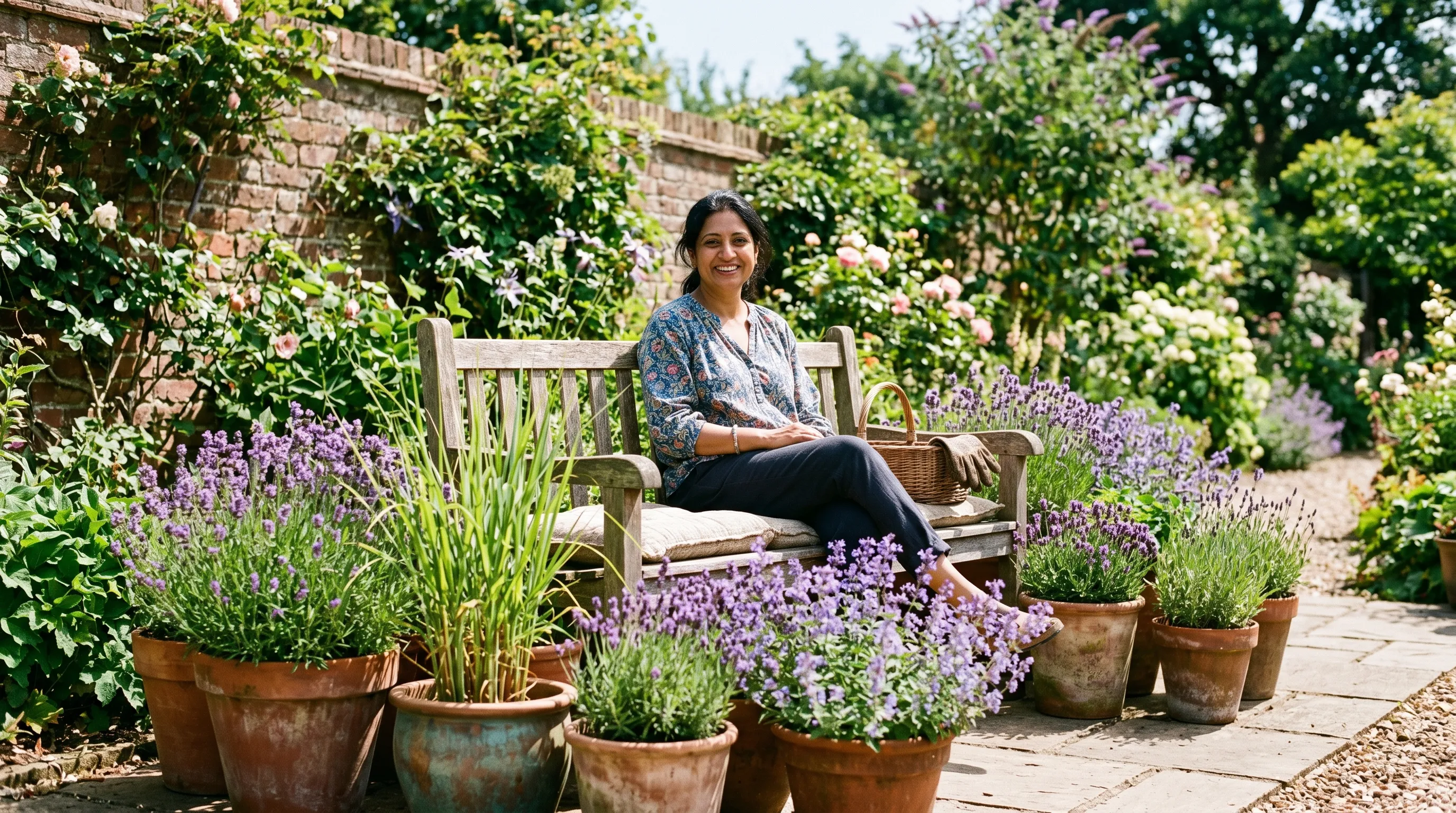 Cluster of terracotta pots holding lavender, lemongrass and catmint arranged tightly around a wooden patio bench in a sunny suburban garden