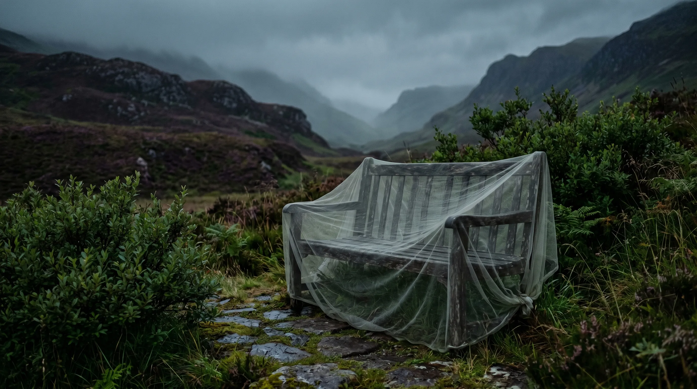 Misty Scottish glen garden at dusk with a fine mesh midge net over a wooden bench and bog myrtle growing nearby