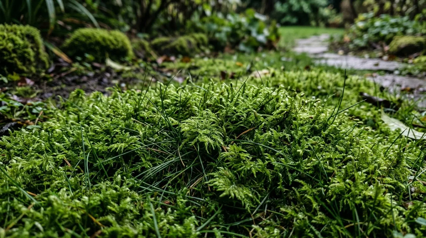 Moss growing in a UK lawn close-up showing thick green growth displacing grass