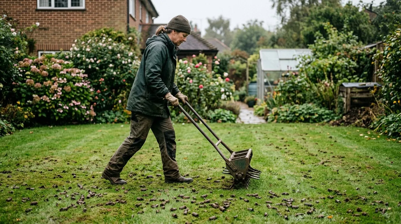Aerating a lawn to improve drainage and prevent moss with a hollow-tine aerator