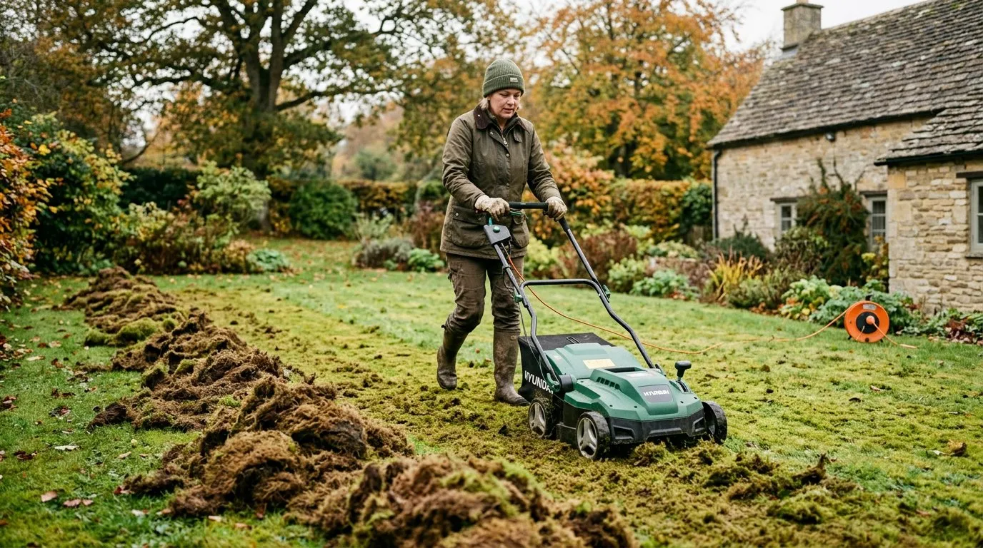 Scarifying a mossy lawn with an electric scarifier removing dead moss in a UK garden