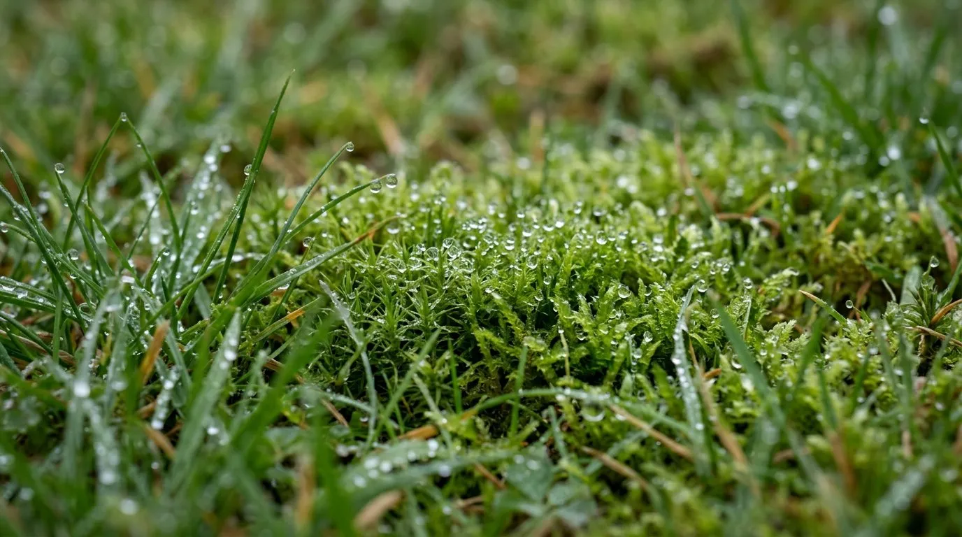 Green moss patches growing between grass blades in a damp UK lawn