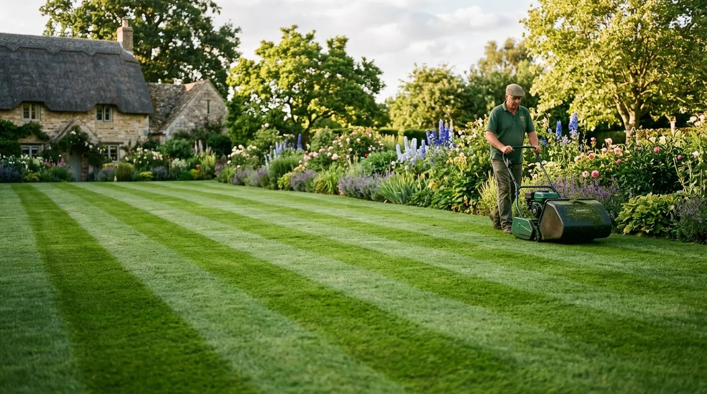 Freshly mowed striped lawn in an English garden with cylinder mower