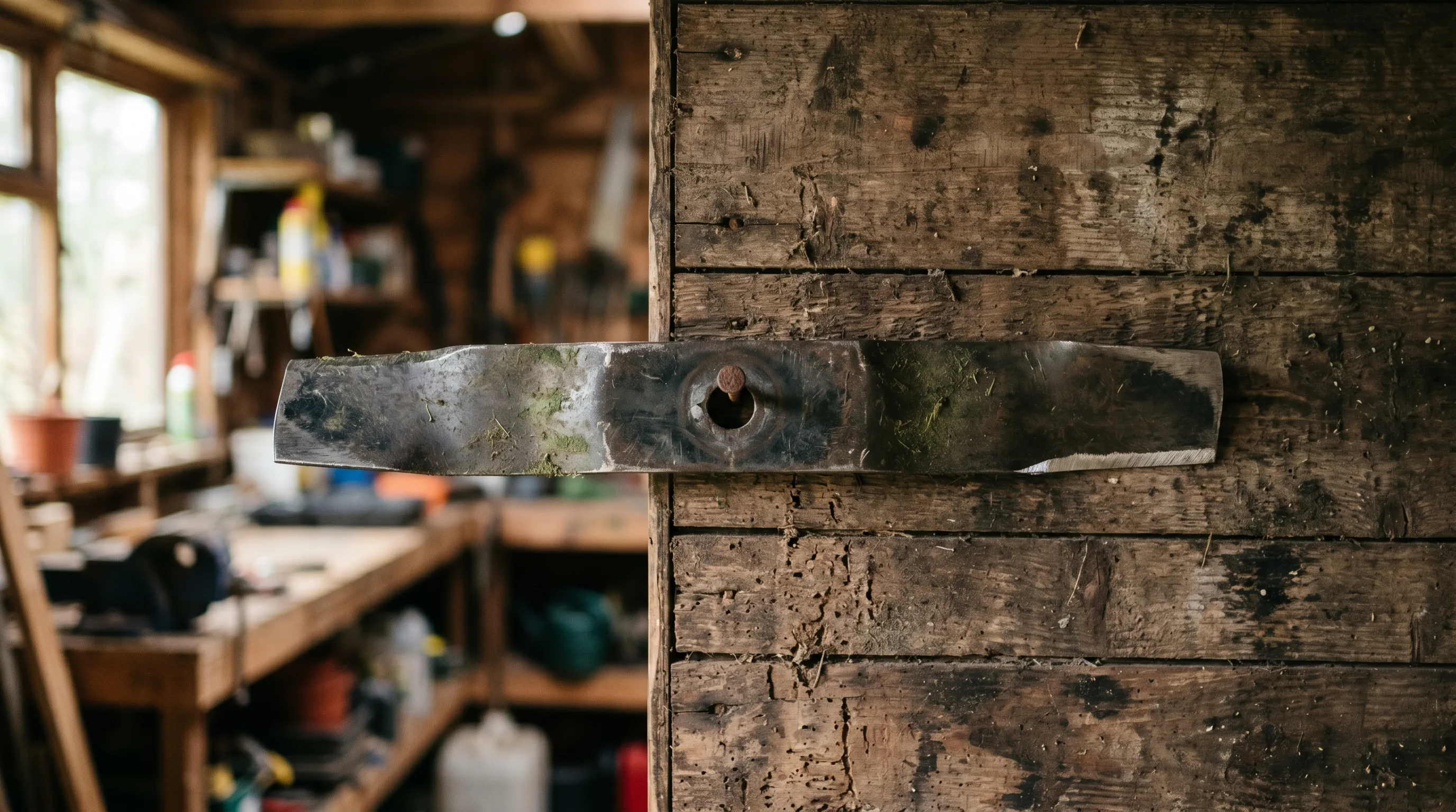 A rotary mower blade hanging level on a nail driven into a workshop wall, demonstrating a balanced blade after sharpening