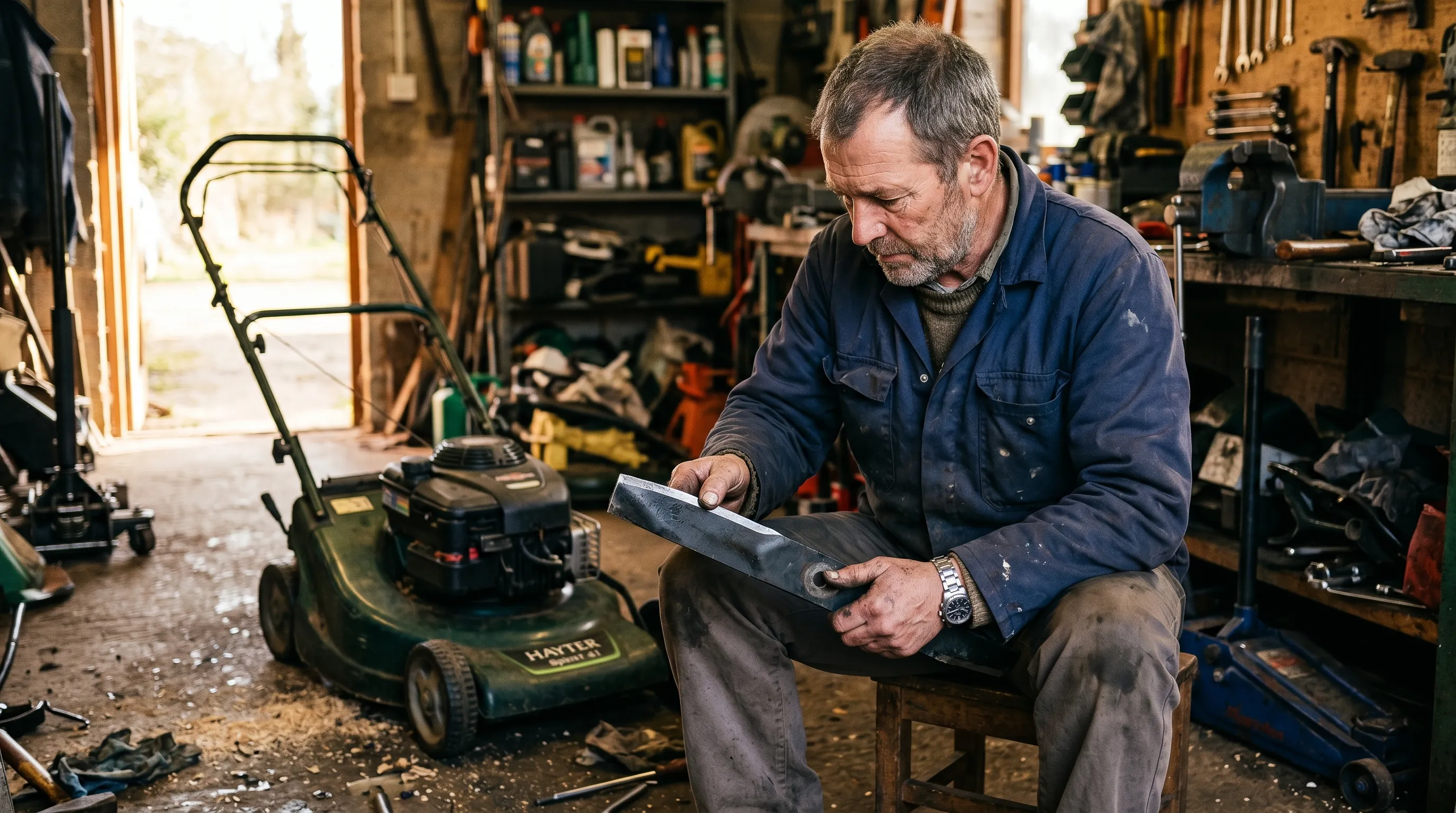 A gardener in a UK garage checking the edge of a removed rotary mower blade with a thumb, the engine and deck visible behind on a workbench