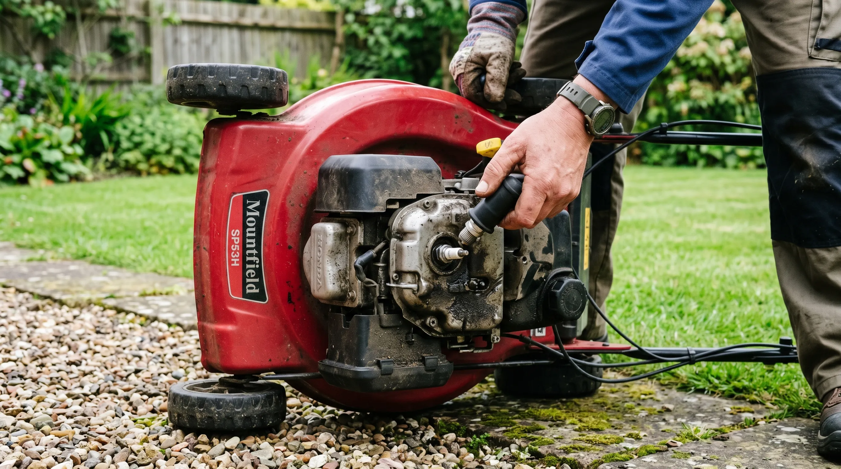 A hand pulling the rubber spark plug cap off a petrol lawn mower engine, the mower tipped safely on its side on a UK lawn