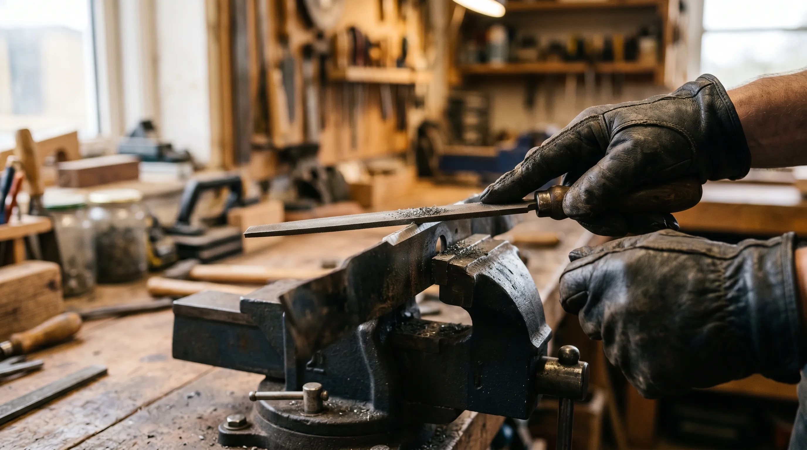 A flat metal file being drawn along the angled cutting edge of a mower blade clamped in a bench vice in a UK workshop