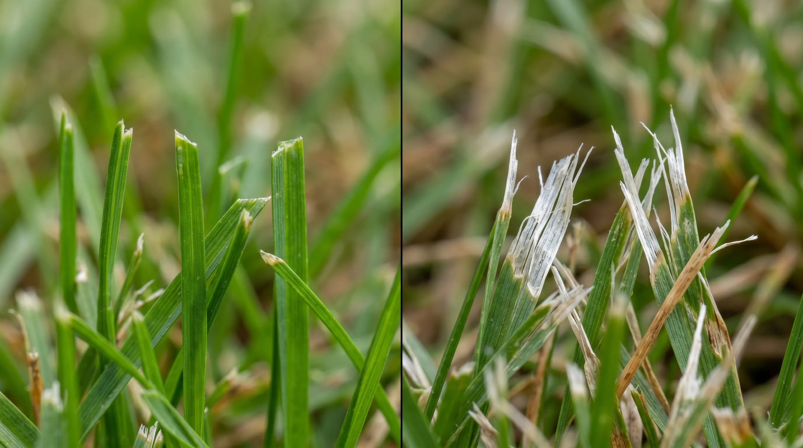 Close-up comparison of grass blades, one set cleanly sliced and green, the other frayed and whitening from a blunt mower blade