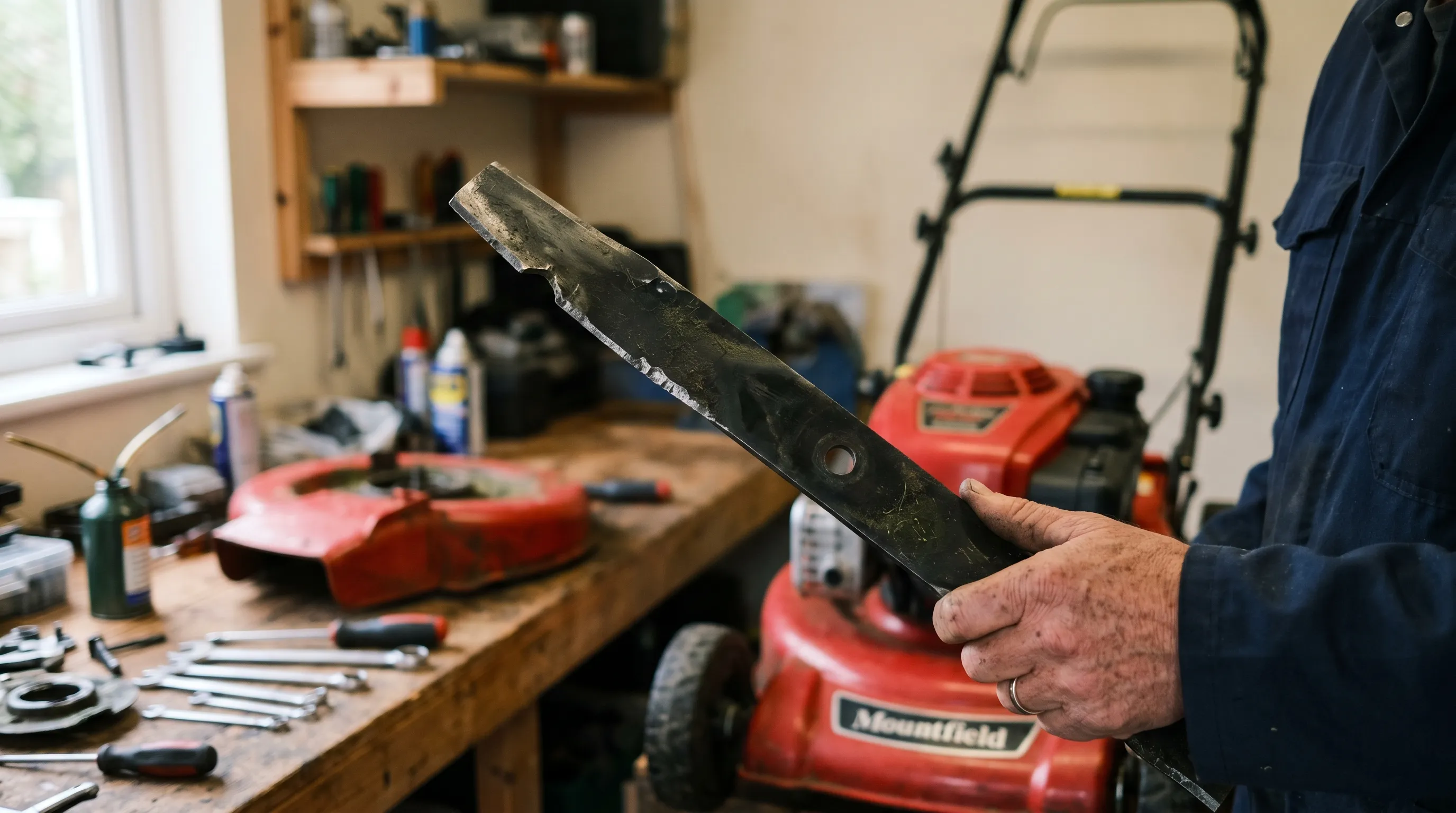 Removed rotary lawn mower blade held up for inspection in a UK garage, showing a nicked, blunt cutting edge