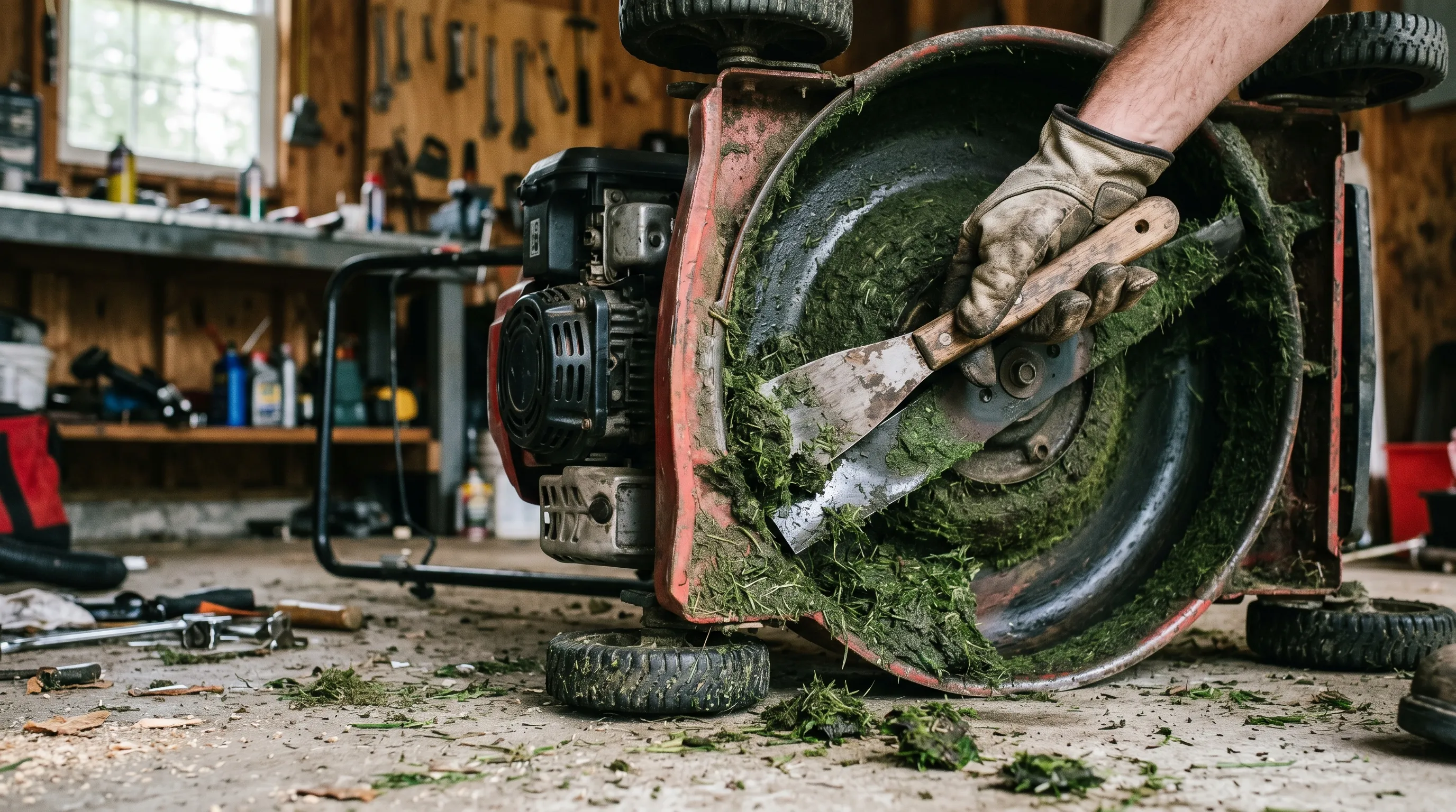 Overturned mower deck clogged with thick wet matted grass clippings being scraped clean