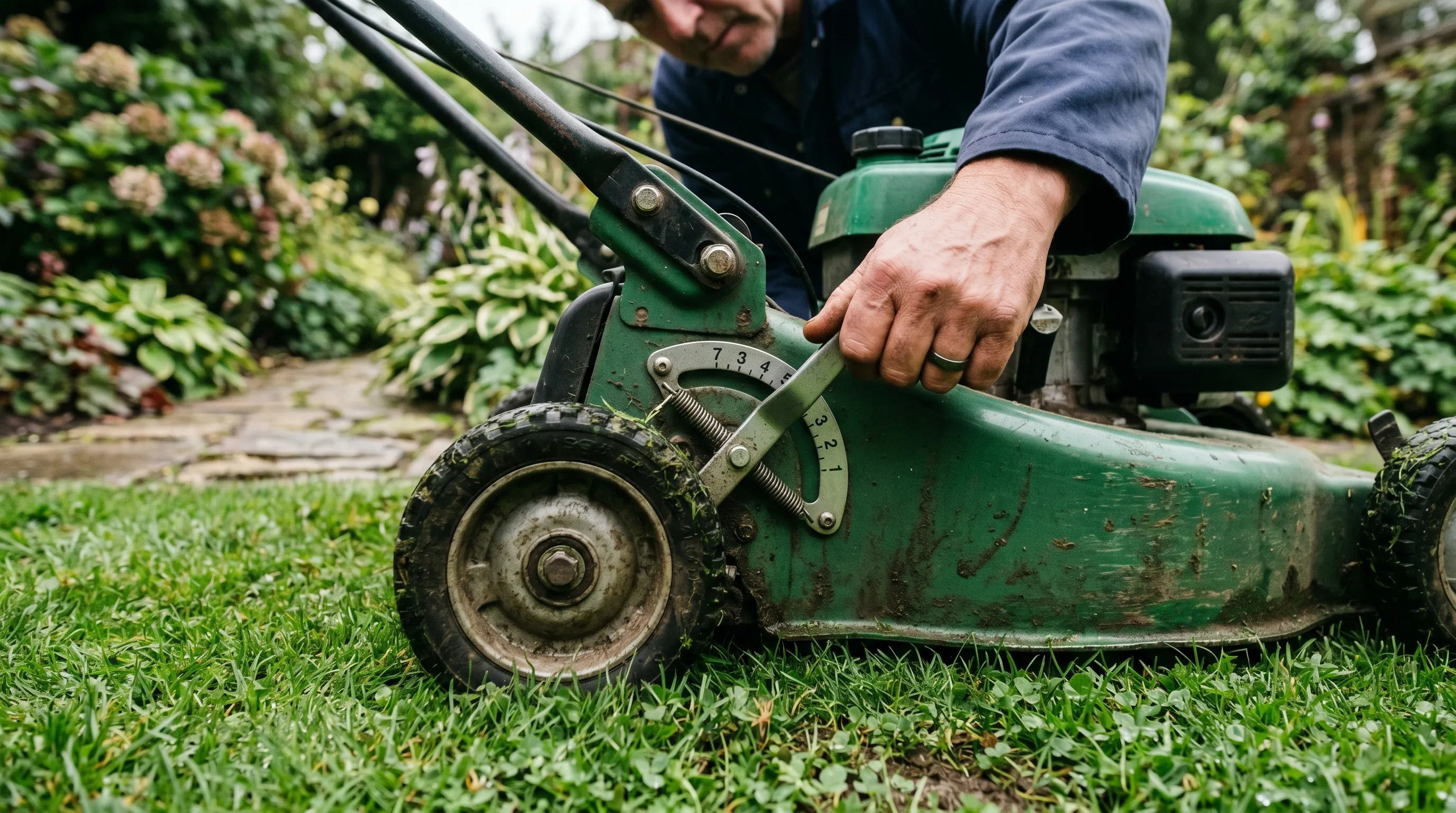Hand raising the cutting height lever on a petrol mower standing on damp grass
