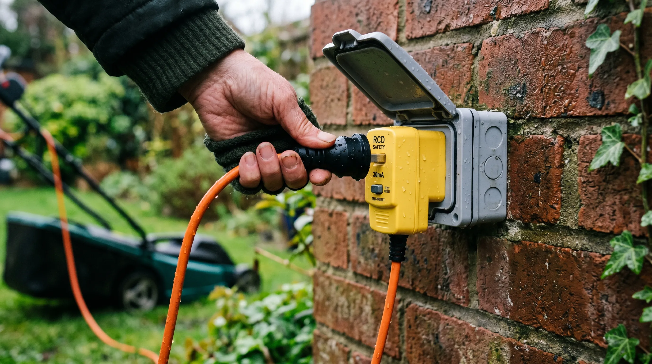 Electric mower cable plugged into a yellow RCD safety adaptor on a UK house wall in the rain