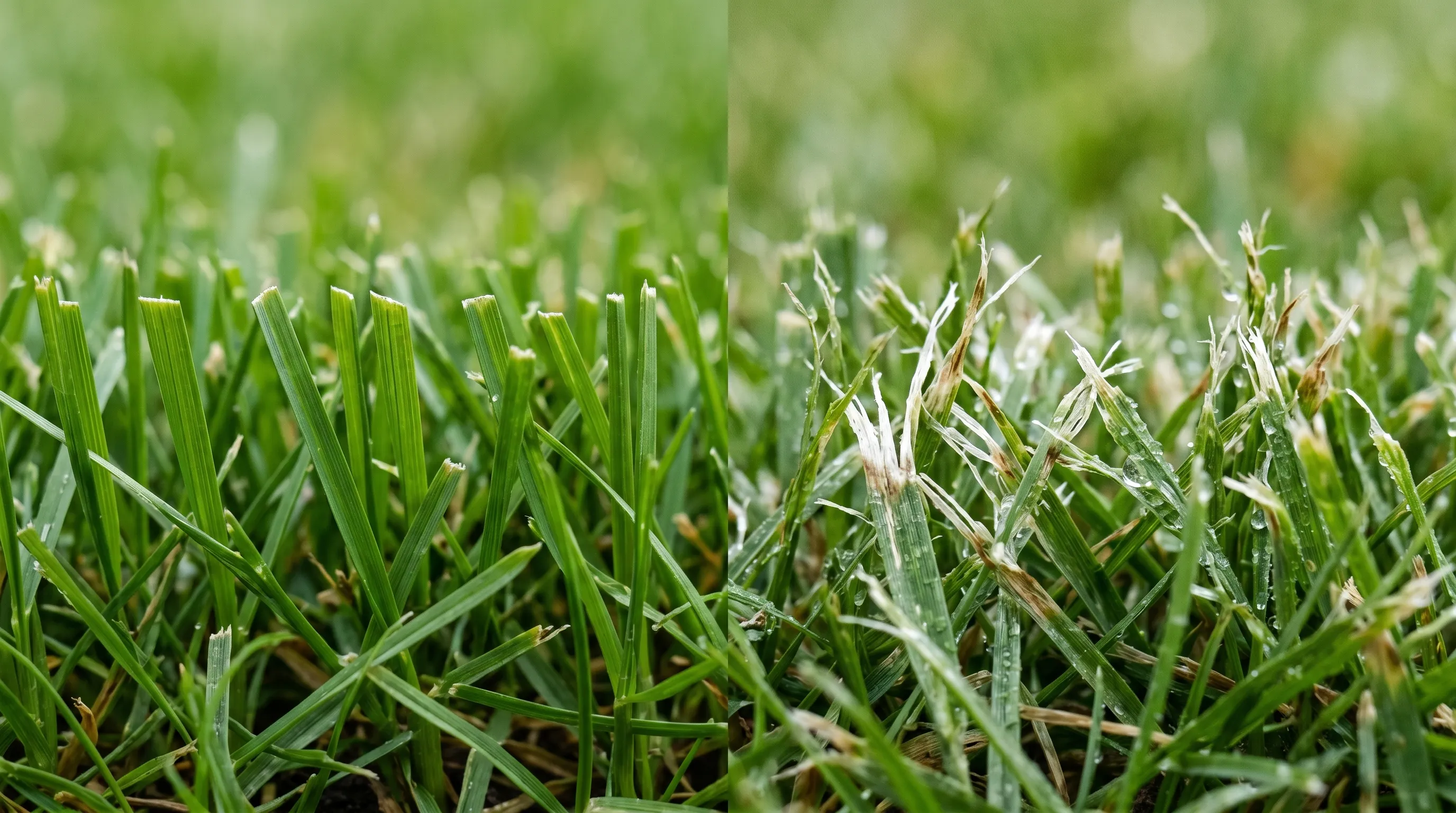 Close-up comparing a clean sharp grass cut with torn ragged browning grass tips from wet mowing