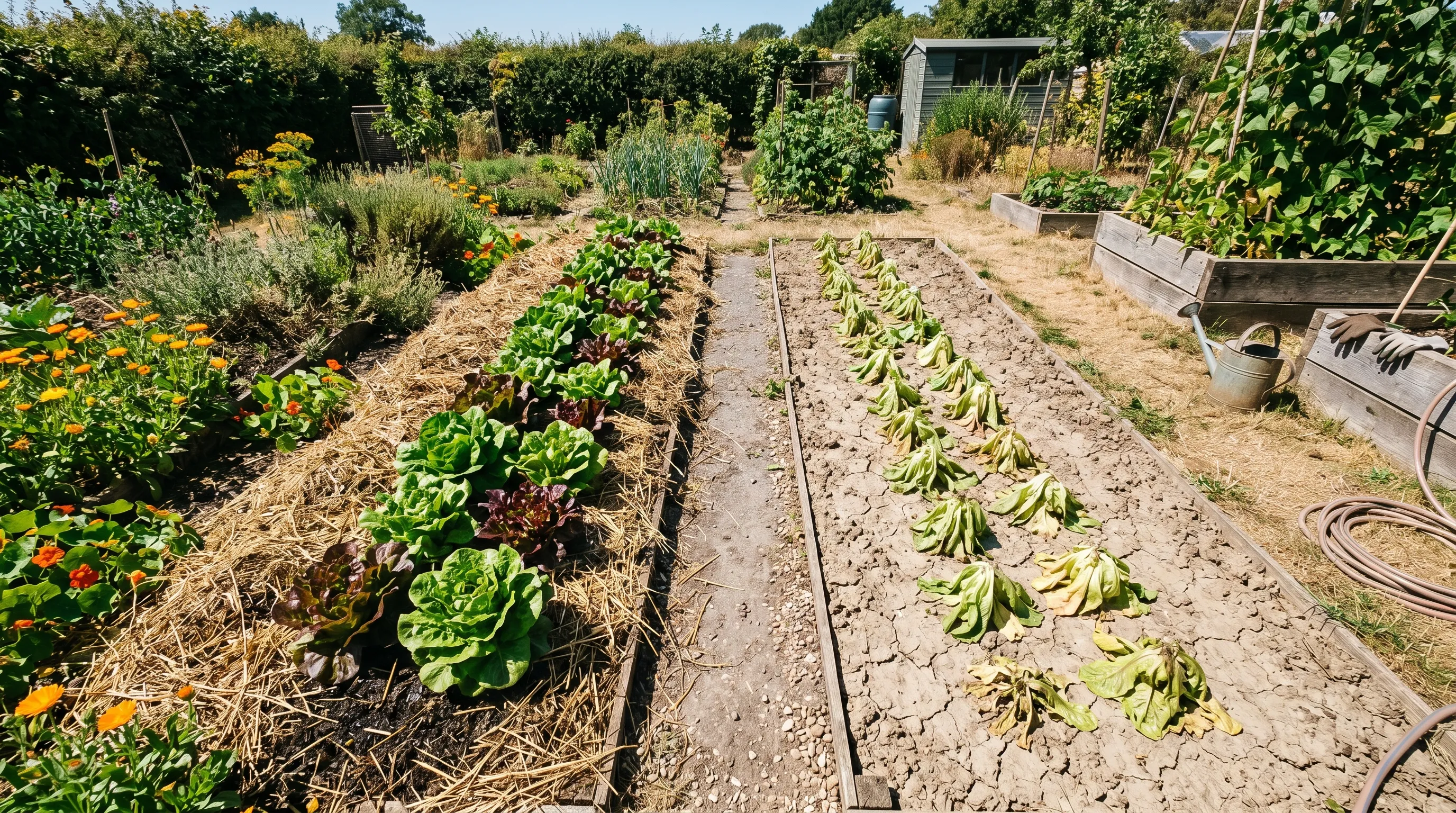 UK kitchen garden showing a heavily mulched bed with healthy plants beside an unmulched bed with stressed wilting plants - the same row of lettuces in both