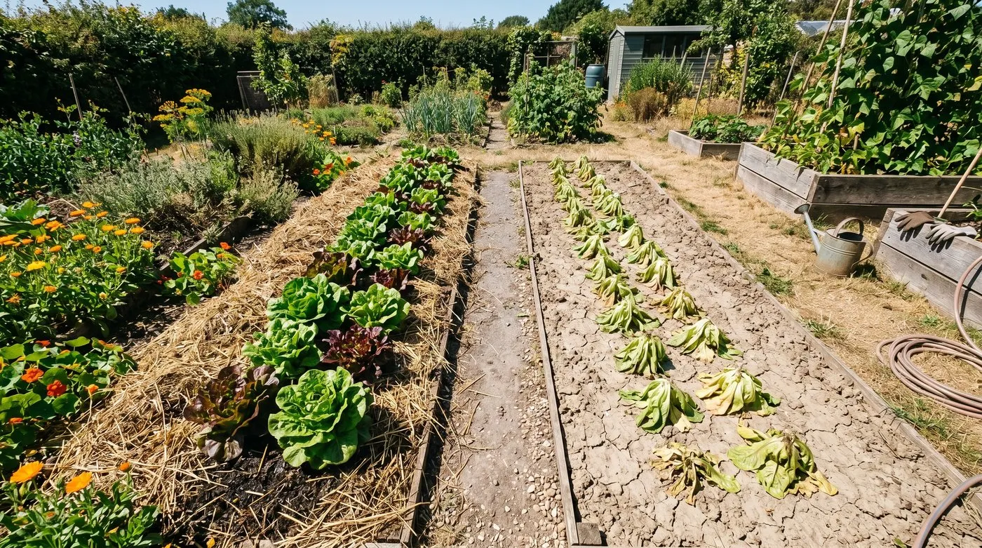 UK kitchen garden showing a heavily mulched bed with healthy plants beside an unmulched bed with stressed wilting plants - the same row of lettuces in both