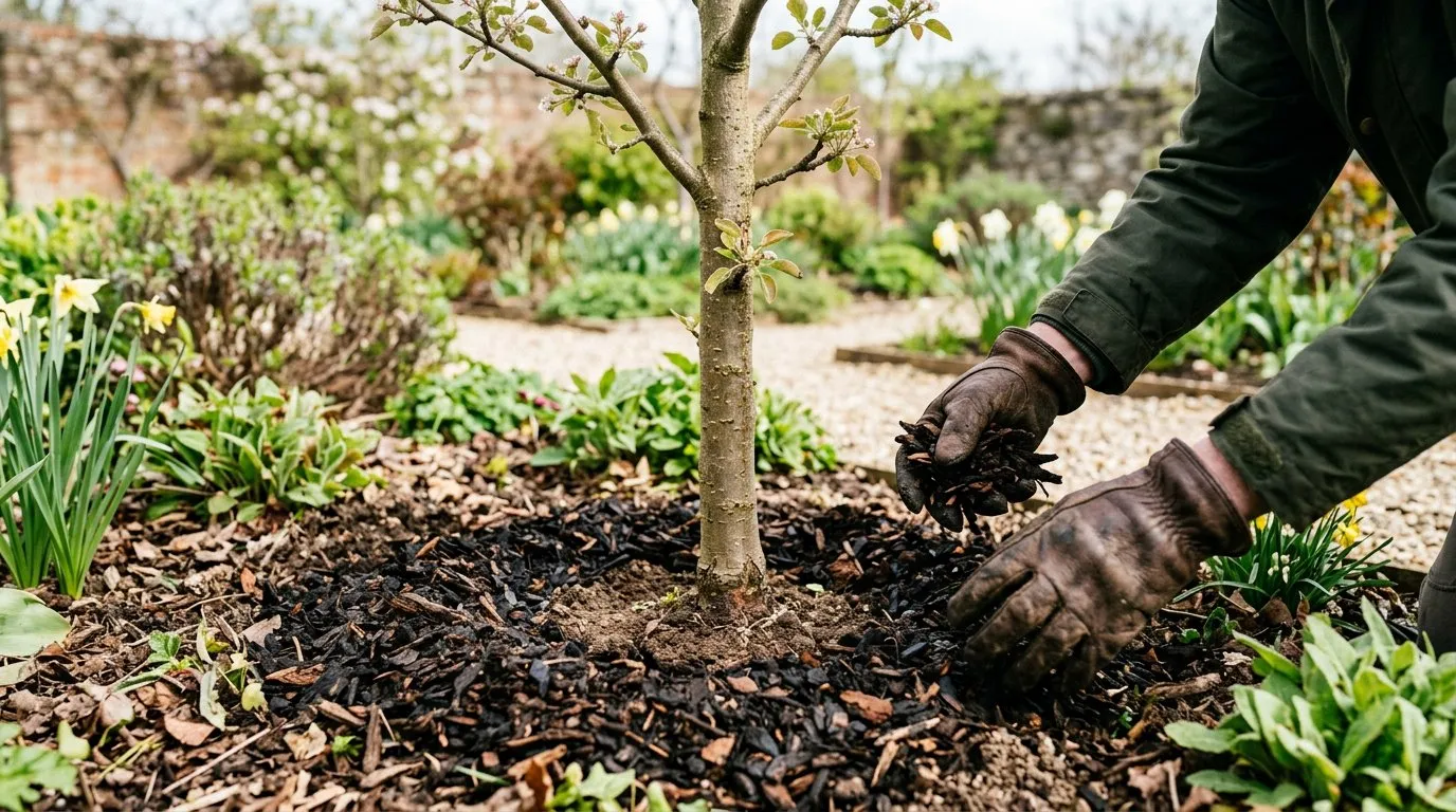 Gardener spreading bark mulch around established shrubs in a flower border with a wheelbarrow nearby