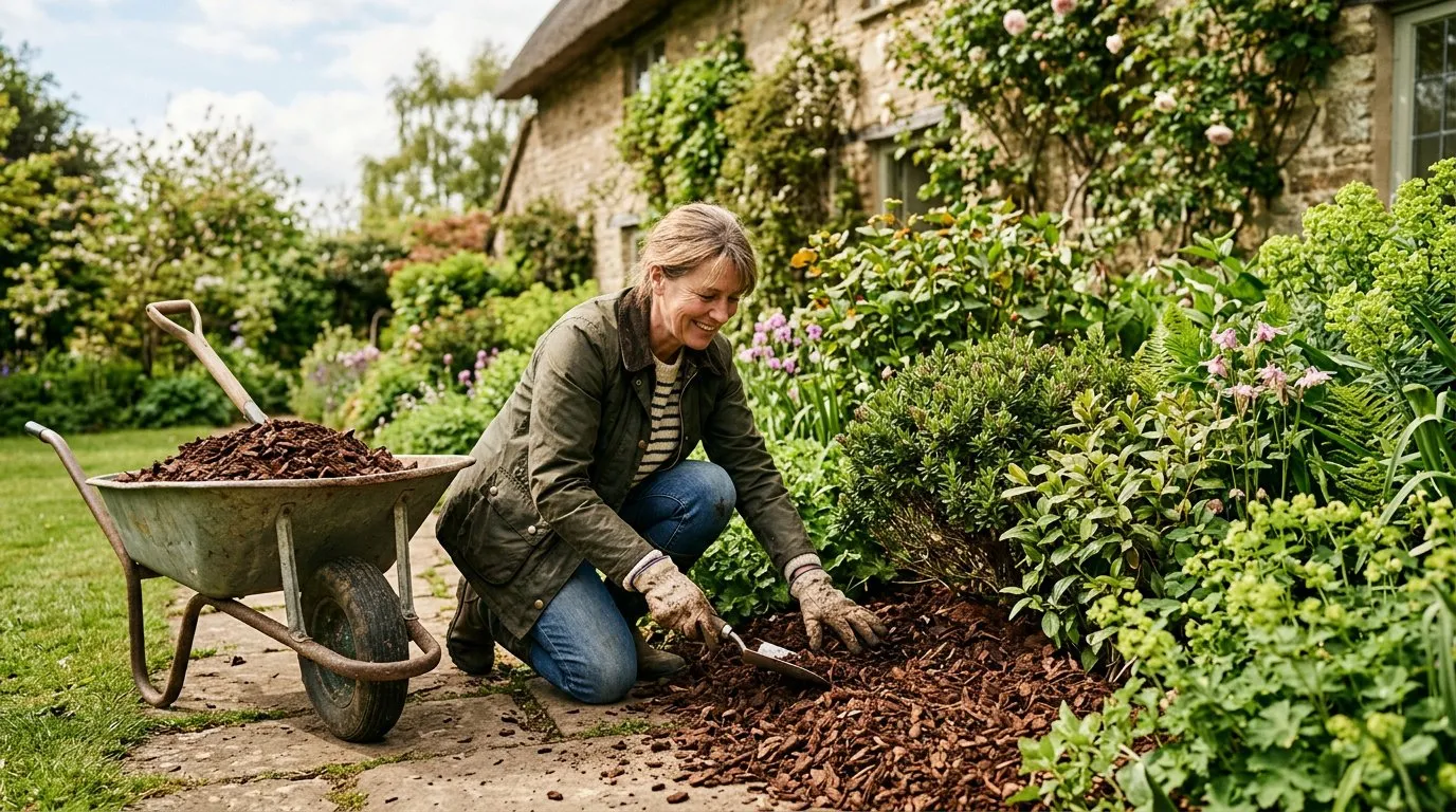 Gardener spreading bark mulch around established plants in a sunny UK border garden