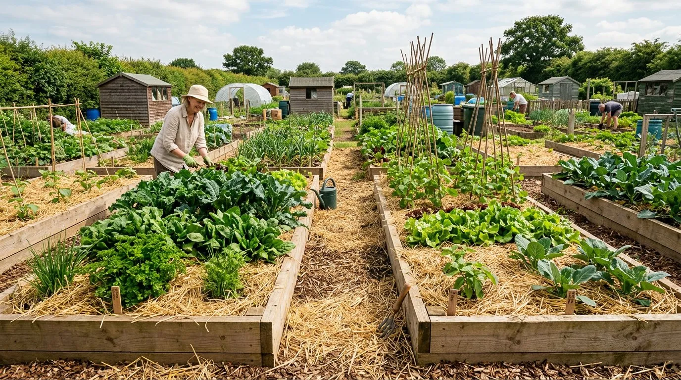 Straw mulch spread around strawberry plants in a raised vegetable bed with developing fruit visible