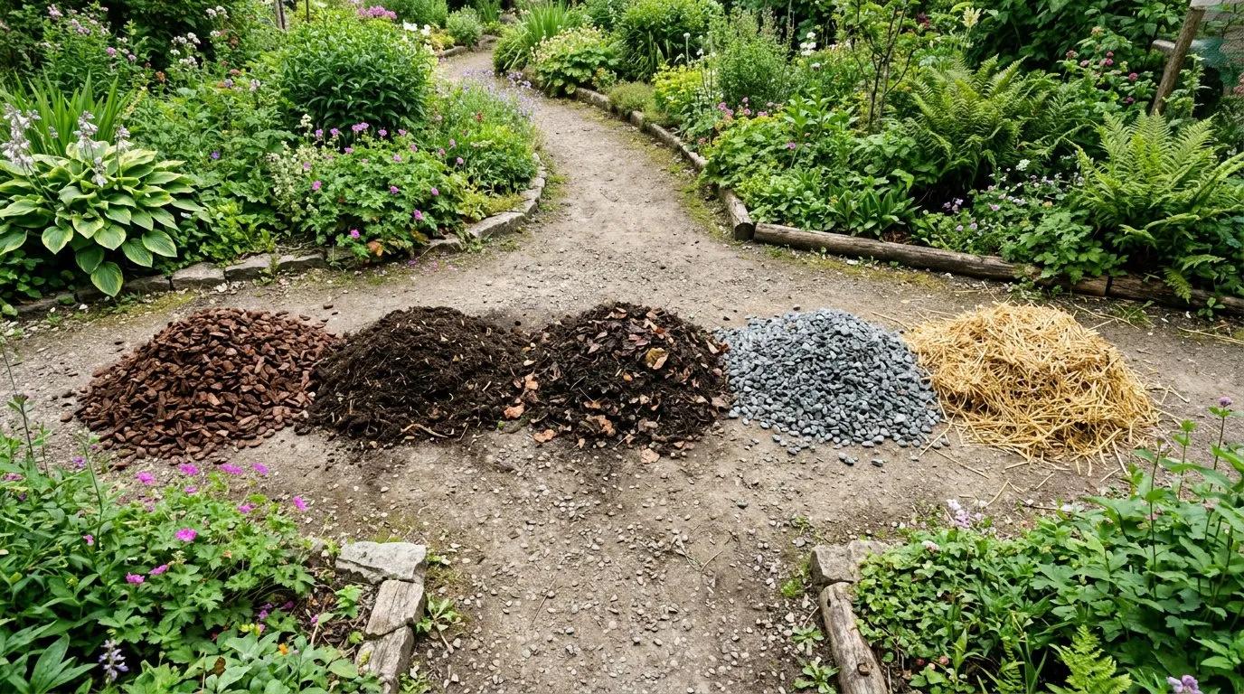 Comparison of six different mulch types arranged in piles on a patio showing bark, compost, straw, gravel, leaf mould, and wood chip