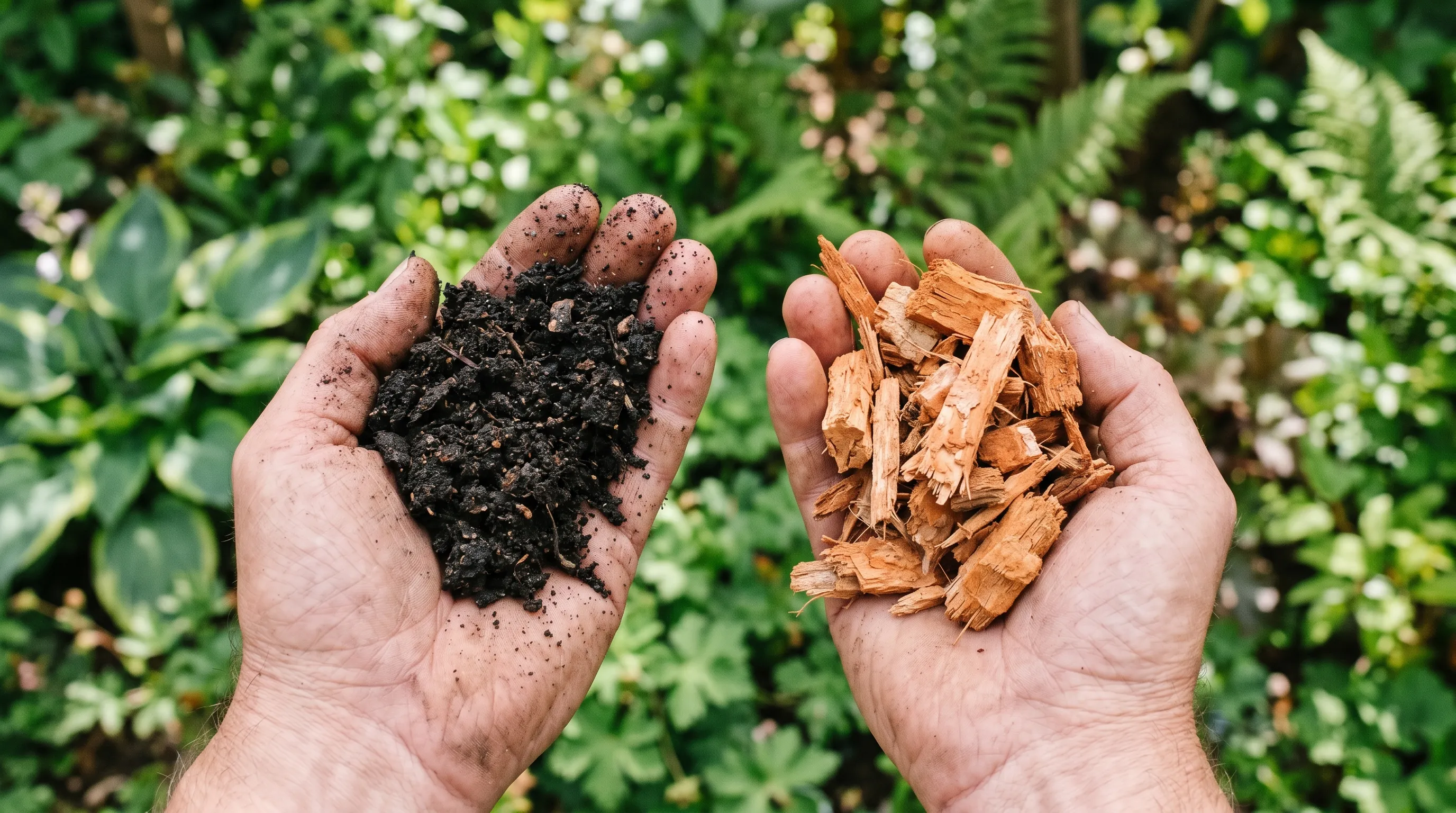 Fine dark crumbly compost held in one hand beside a handful of chunky orange bark mulch over a UK garden border
