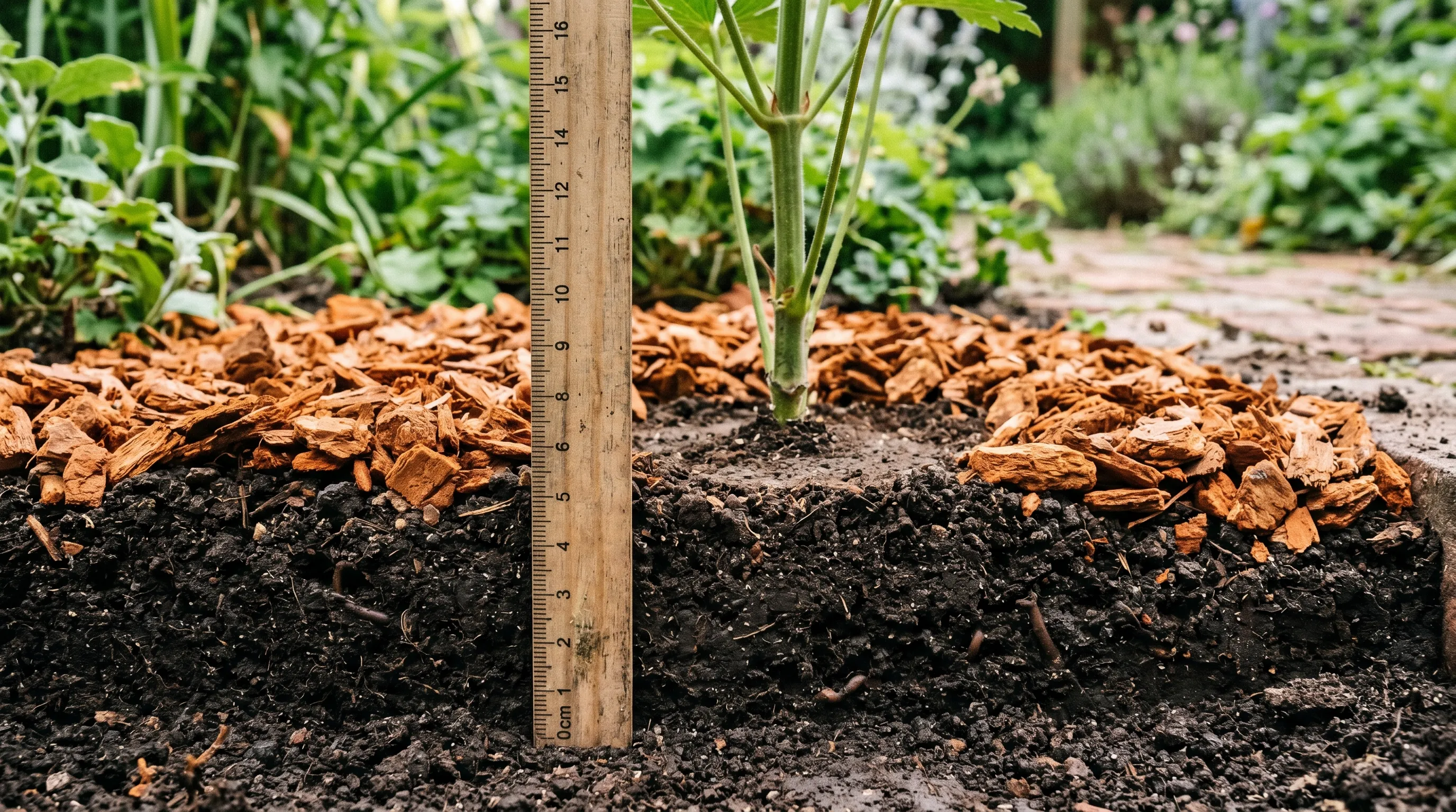 Cross-section view of a UK border edge showing a 7cm layer of bark mulch sitting over dark soil, with a ruler marking the depth
