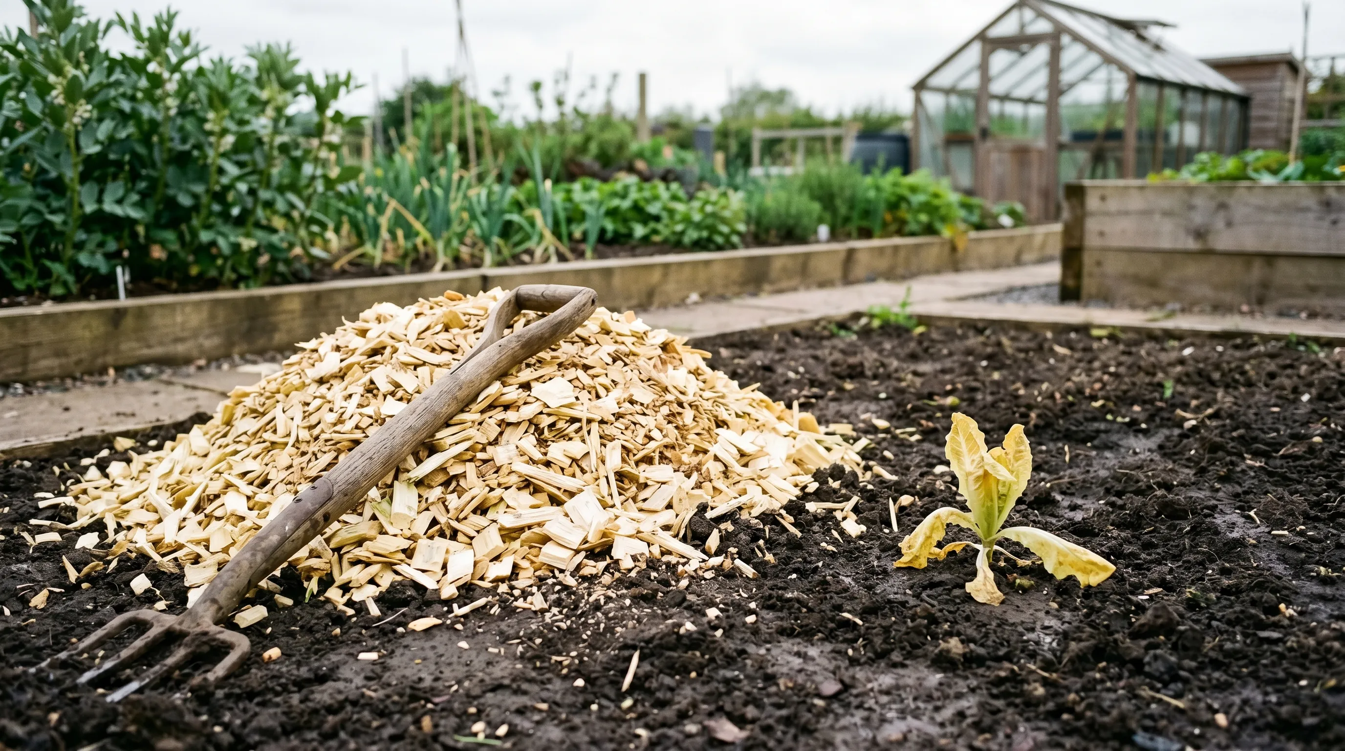 A heap of fresh pale wood chippings on bare soil in a UK vegetable plot beside a wilting yellow-leaved lettuce seedling