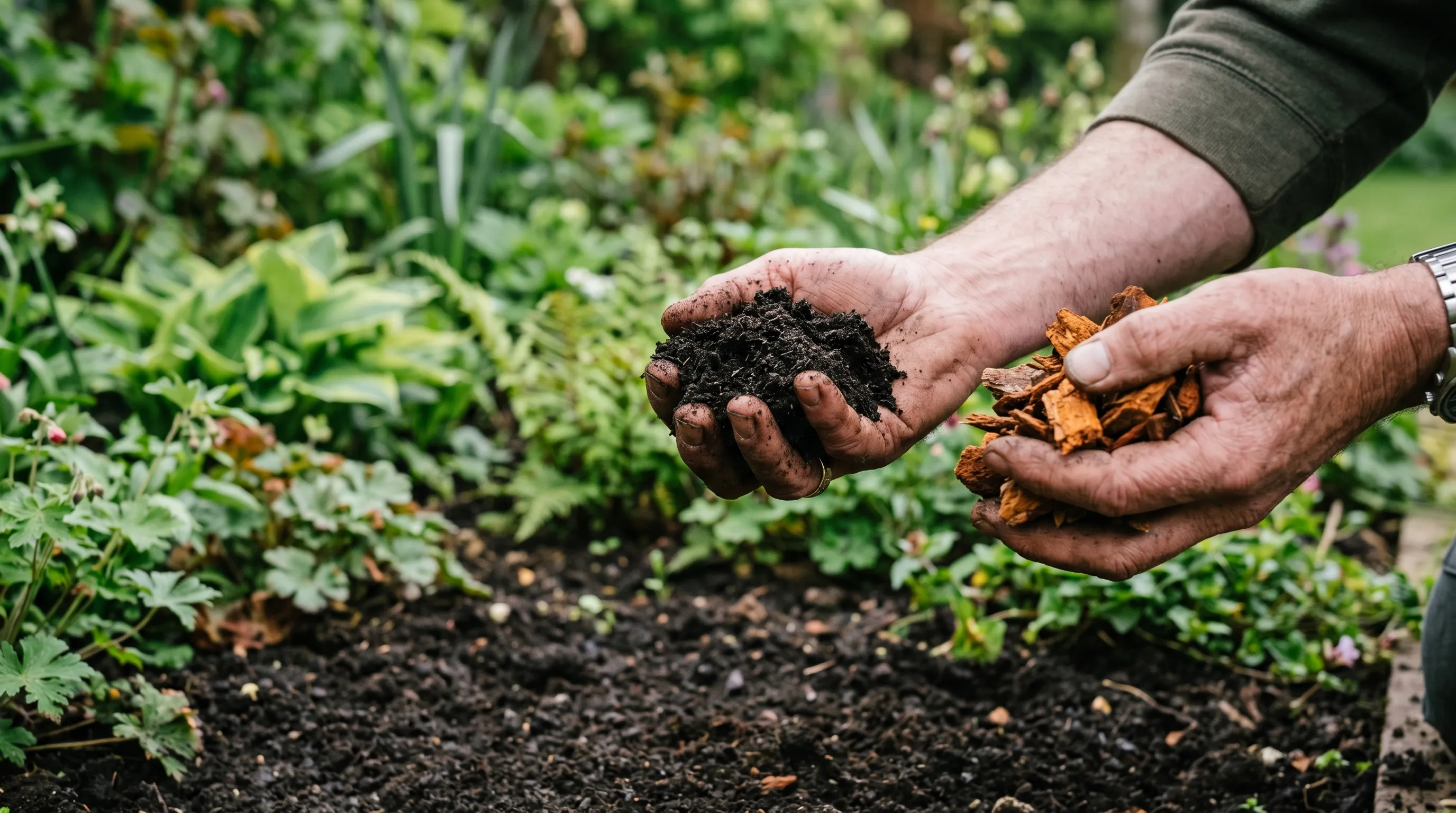 Fine dark compost crumb beside chunky bark mulch on a UK garden border, showing the difference between mulch and compost