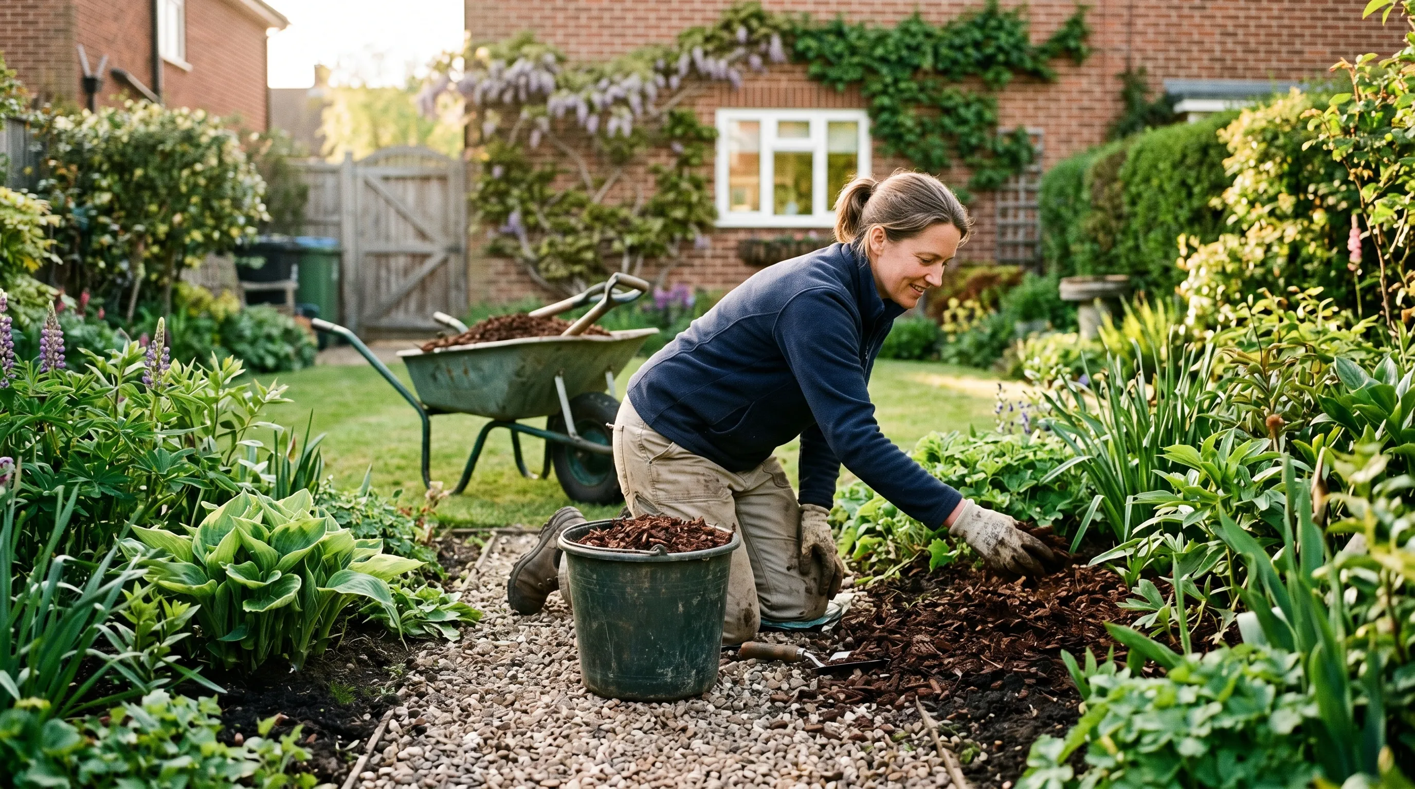 A gardener kneeling on a path spreading bark mulch by hand onto a spring flower border in a UK suburban back garden