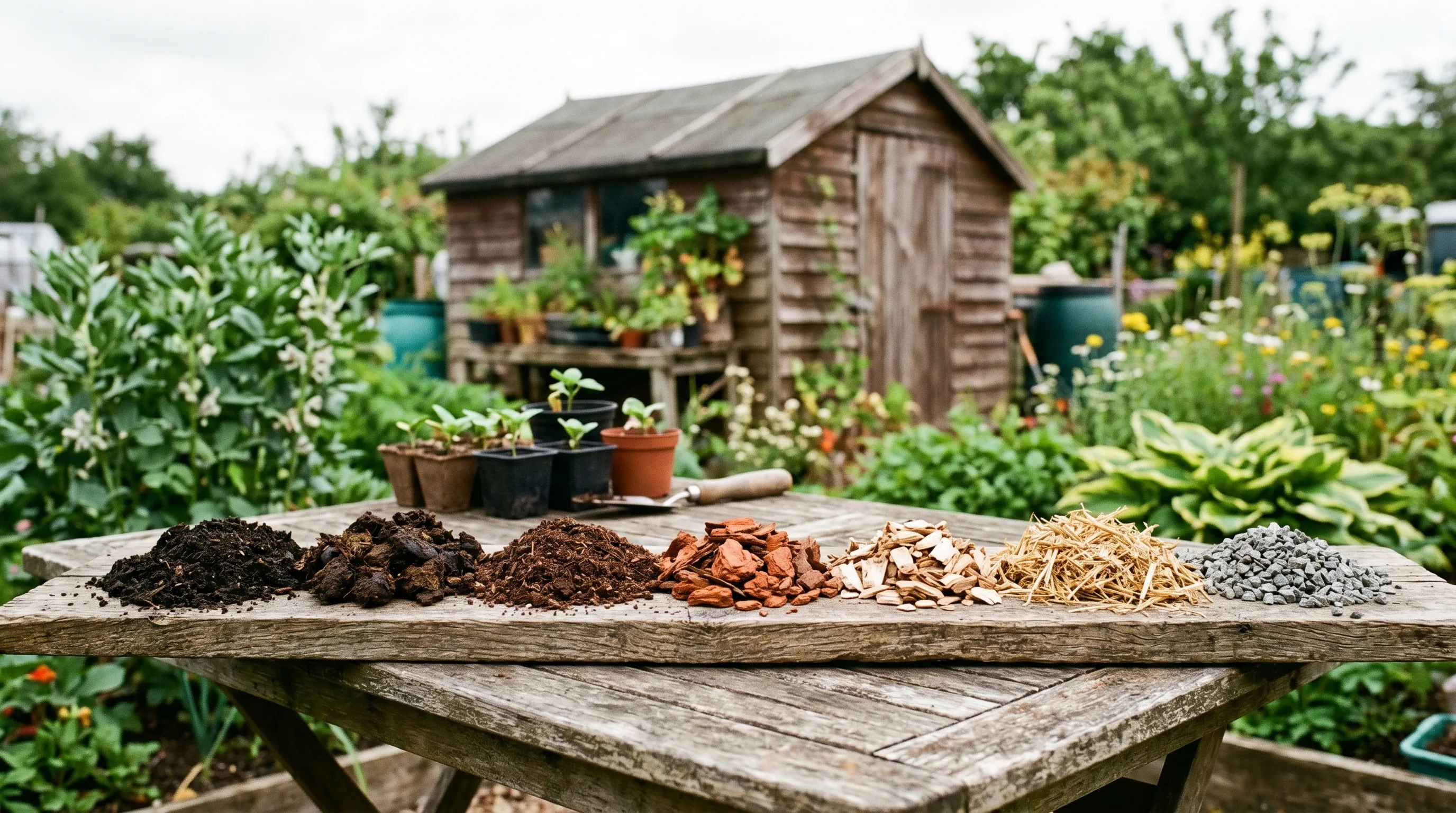 A ranked row of mulch samples on a wooden board: garden compost, rotted manure, leafmould, bark, wood chip, straw and gravel