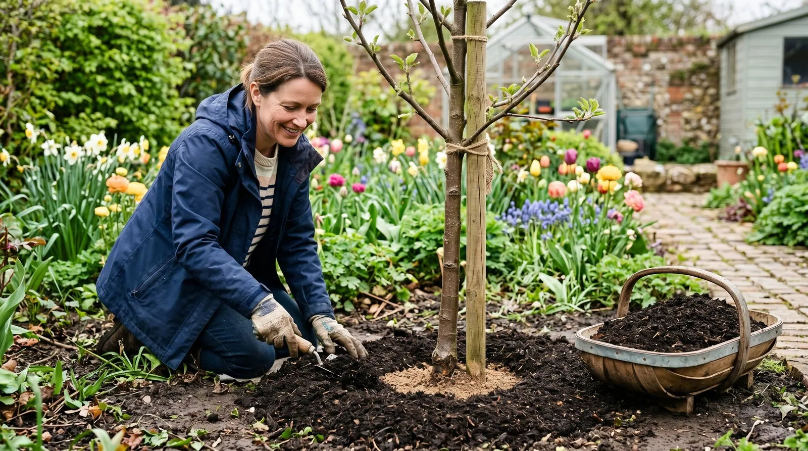 A gardener spreading a thick mulch of compost around the base of a young apple tree, keeping a clear gap around the trunk