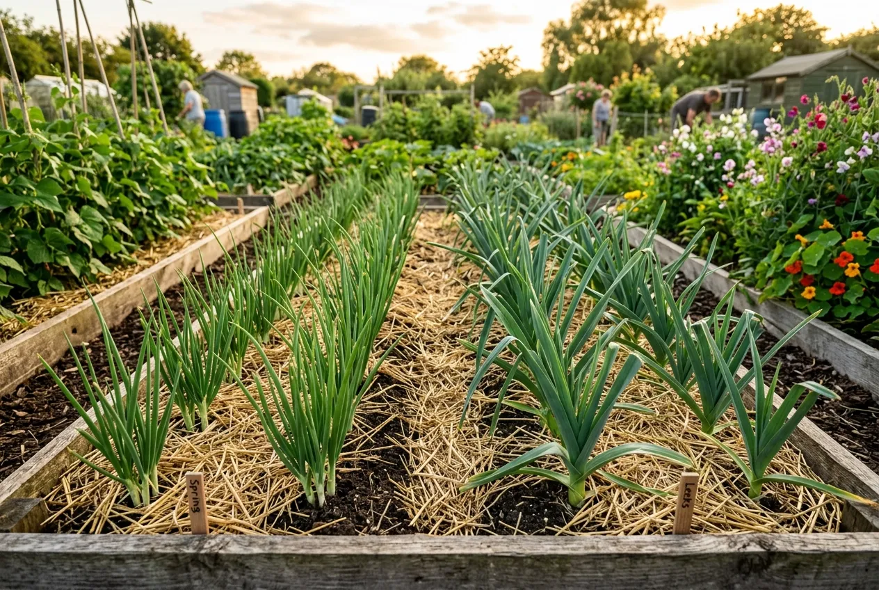 Multi-sowing vegetables growing as healthy clumps of beetroot and spring onions in a raised bed