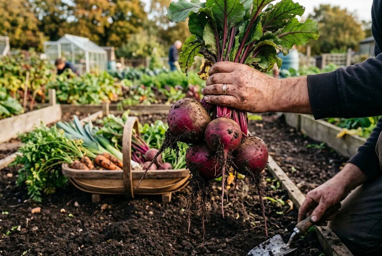 Multi-sowing vegetables at harvest time showing clumps of beetroot, spring onions, and leeks pulled from the soil