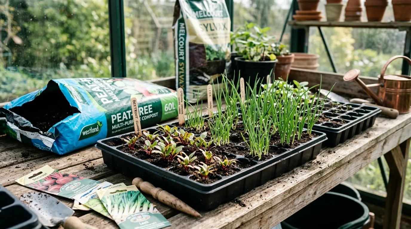 Multi-sowing vegetables in module trays showing clusters of seedlings ready for planting out in a UK garden