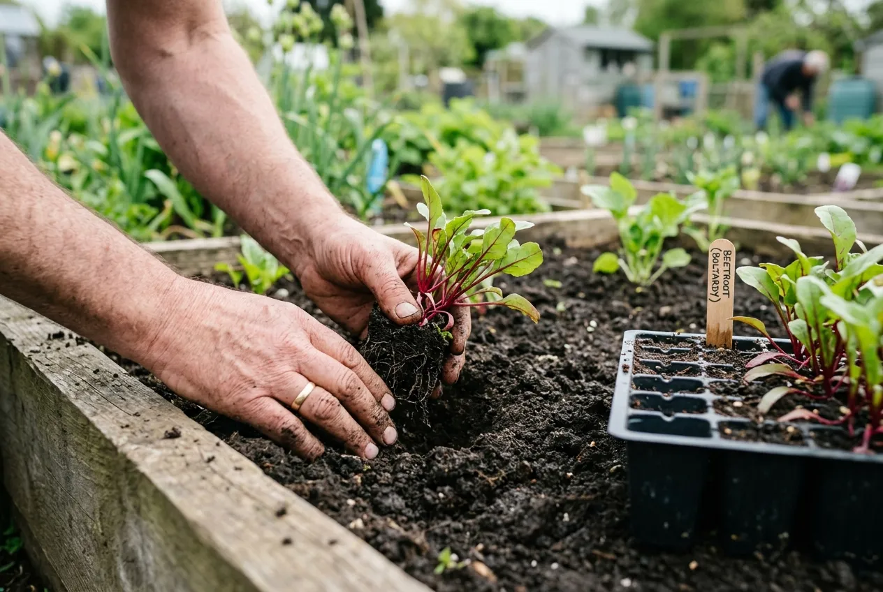 Multi-sowing vegetables being planted out as clumps from module trays into prepared soil on a UK allotment