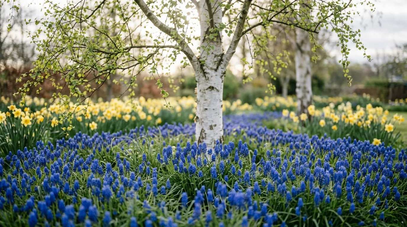 Blue muscari grape hyacinth flowering in drifts under a tree in a UK spring garden with daffodils behind