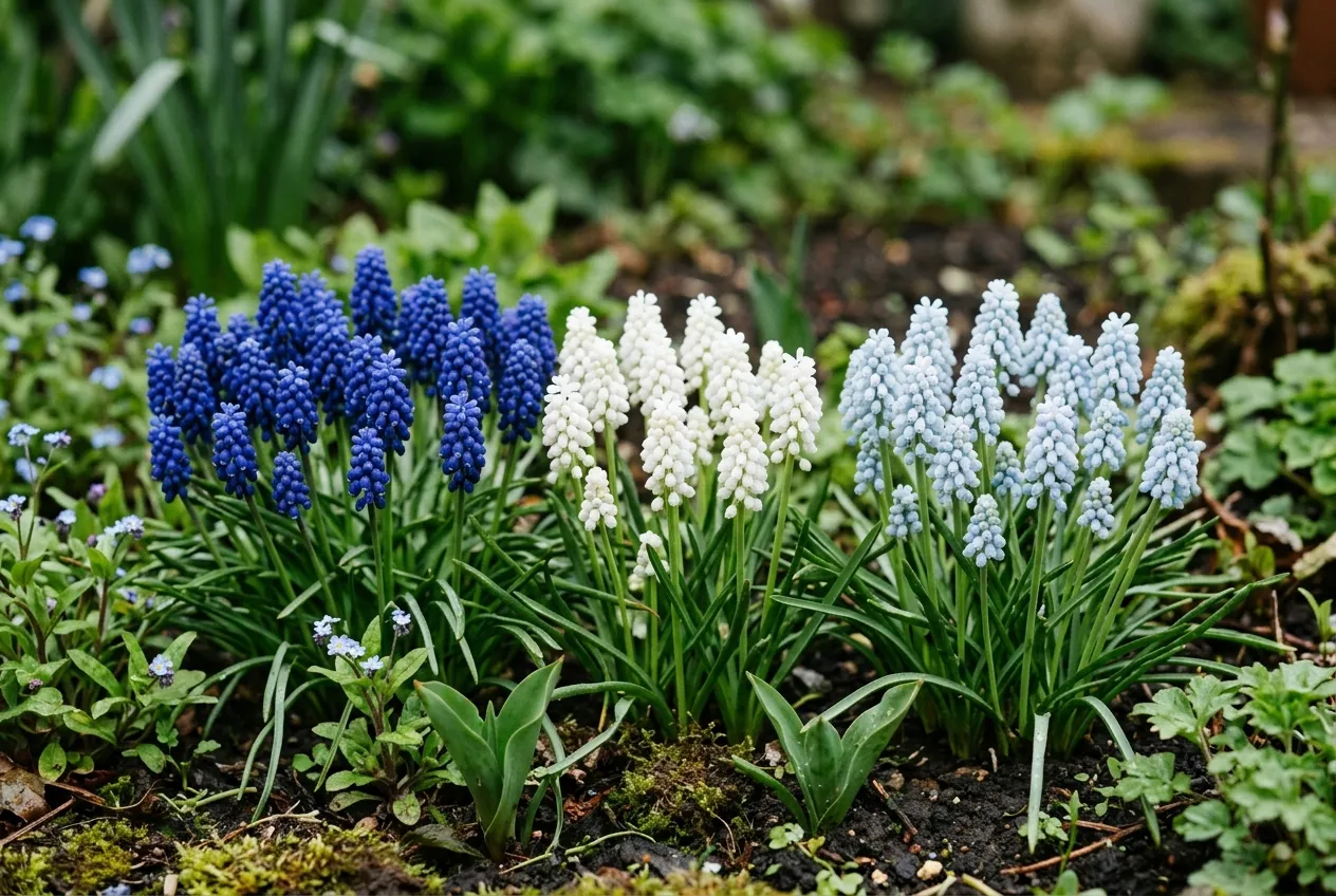 Blue, white, and pale blue muscari grape hyacinth varieties growing together in a UK cottage garden border