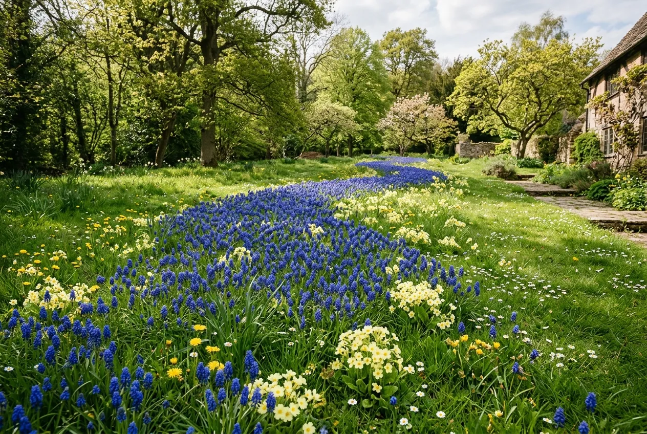 Muscari grape hyacinth naturalised in a UK lawn with primroses and spring flowers