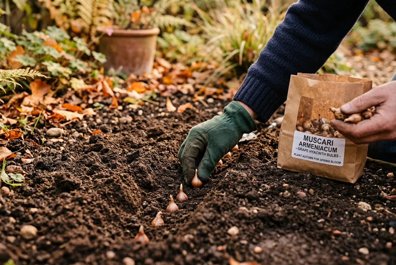 Hands planting muscari grape hyacinth bulbs into prepared soil in an autumn UK garden