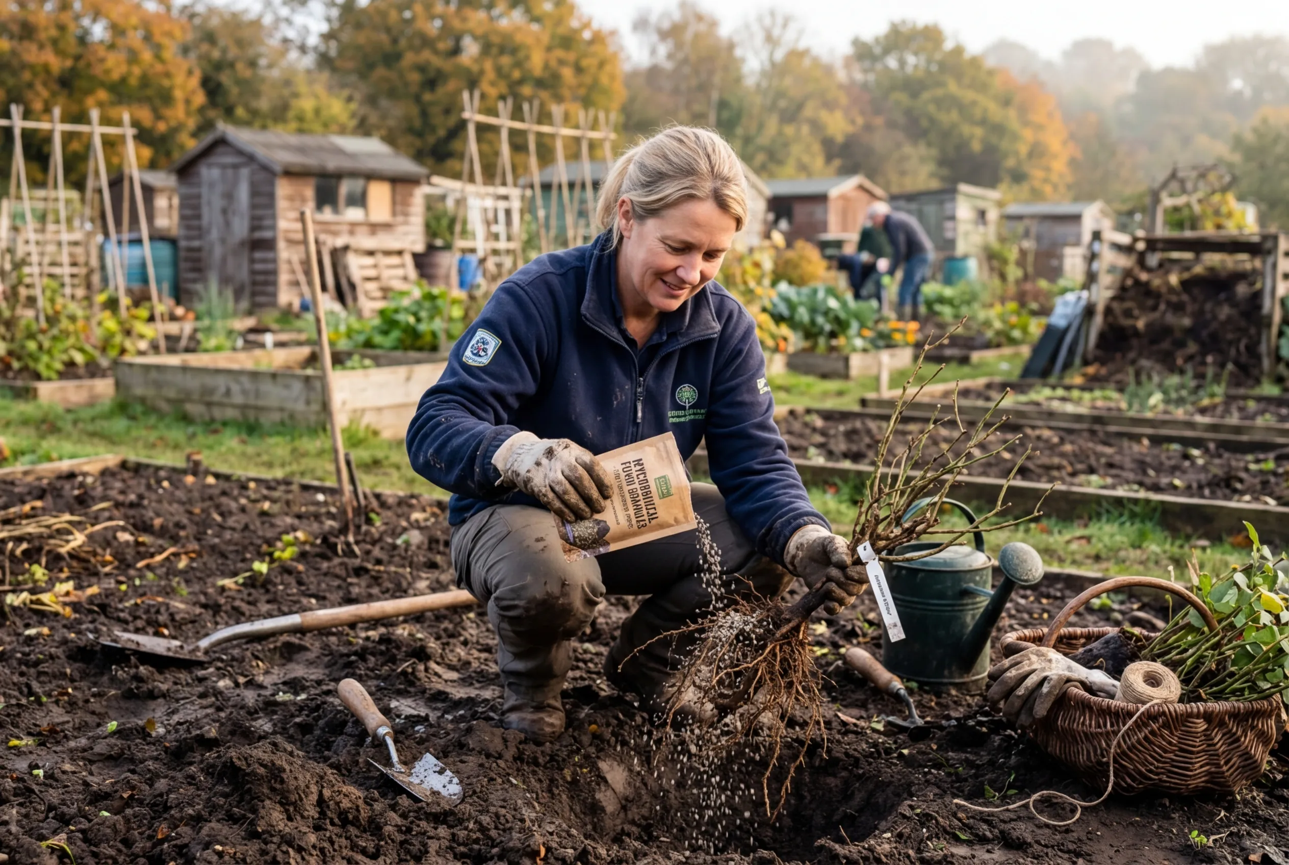 Gardener applying mycorrhizal fungi granules to bare roots of a rose on a UK allotment in autumn