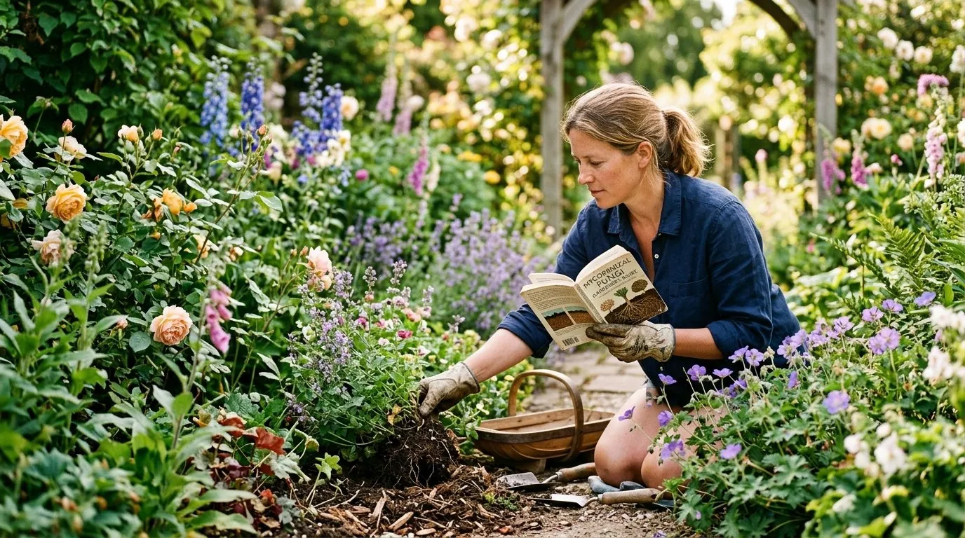 UK garden scene showing mycorrhizal fungi gardeners guide in seasonal context