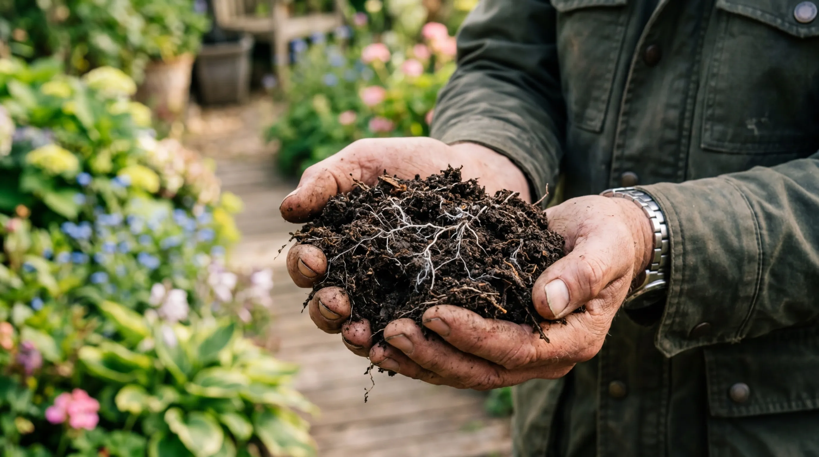 Mycorrhizal fungi visible as white threads in dark garden soil held in cupped hands