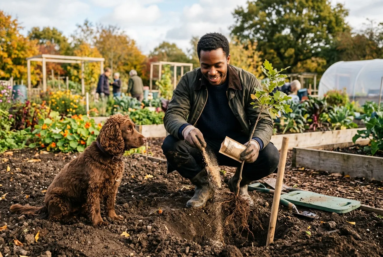 Young man adding mycorrhizal inoculant to a planting hole for a new tree in a UK community garden with a spaniel beside him