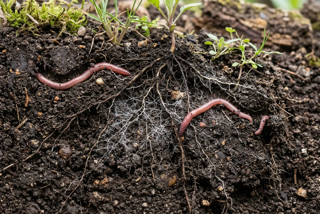 Cross-section of garden soil showing mycorrhizal fungal networks connecting plant root systems with earthworms visible