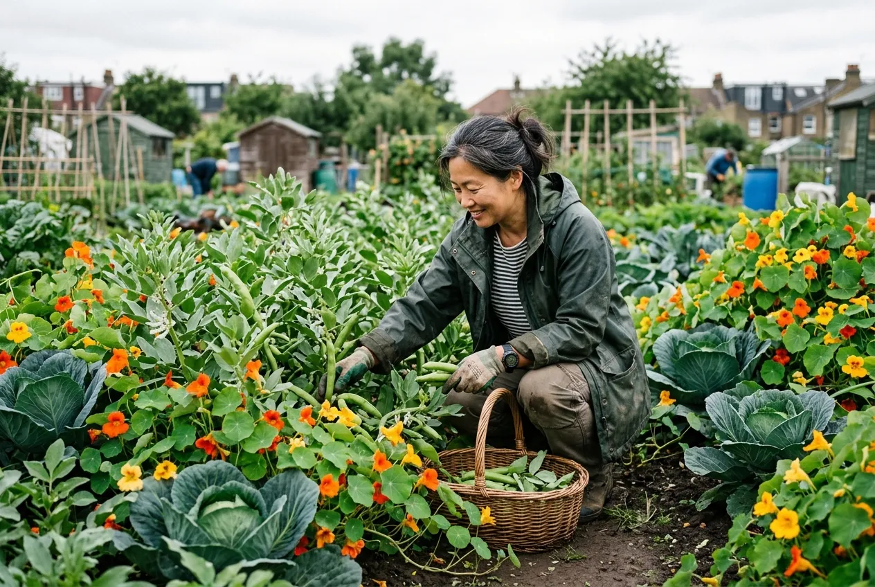 Nasturtiums growing as companion plants between vegetable rows in a UK city allotment