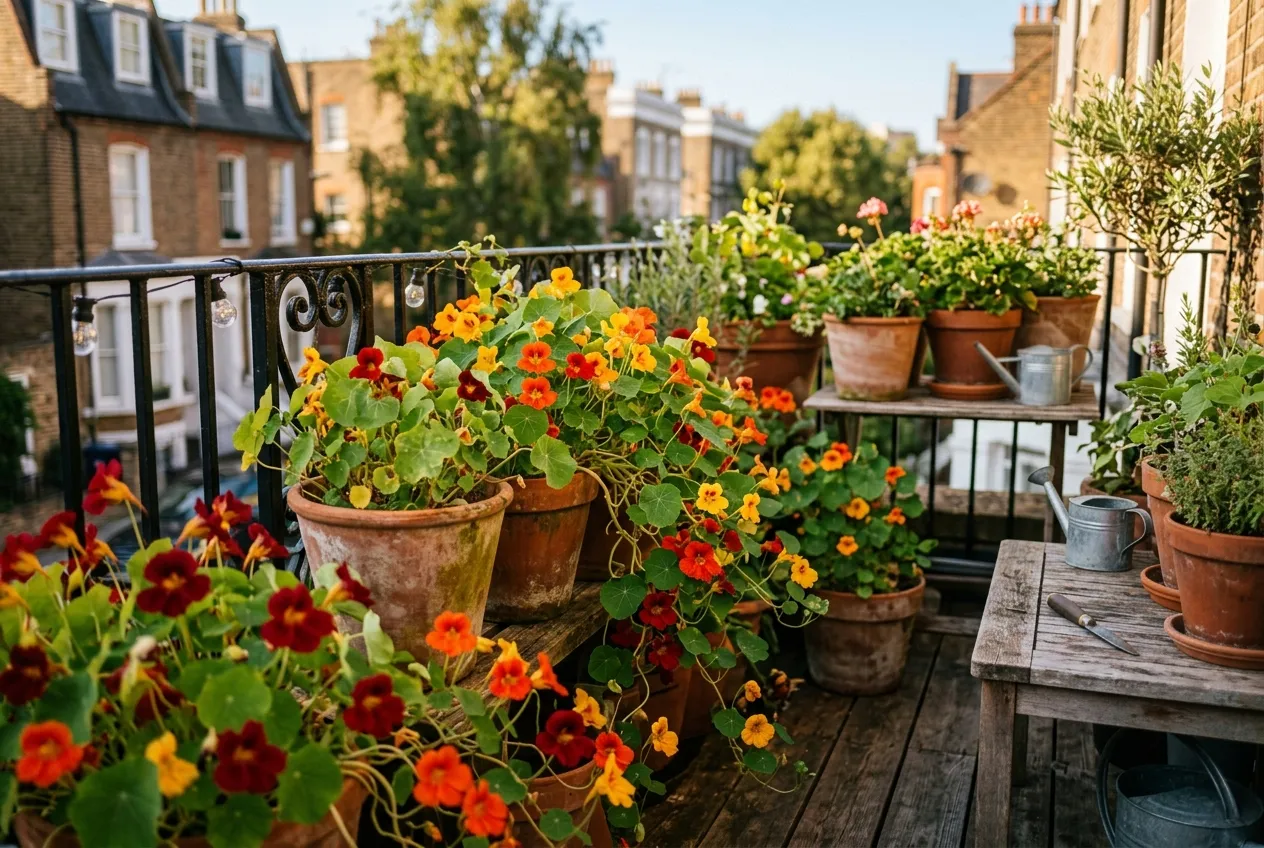 Nasturtium varieties growing in terracotta containers on a UK urban balcony with trailing flowers spilling over pot edges