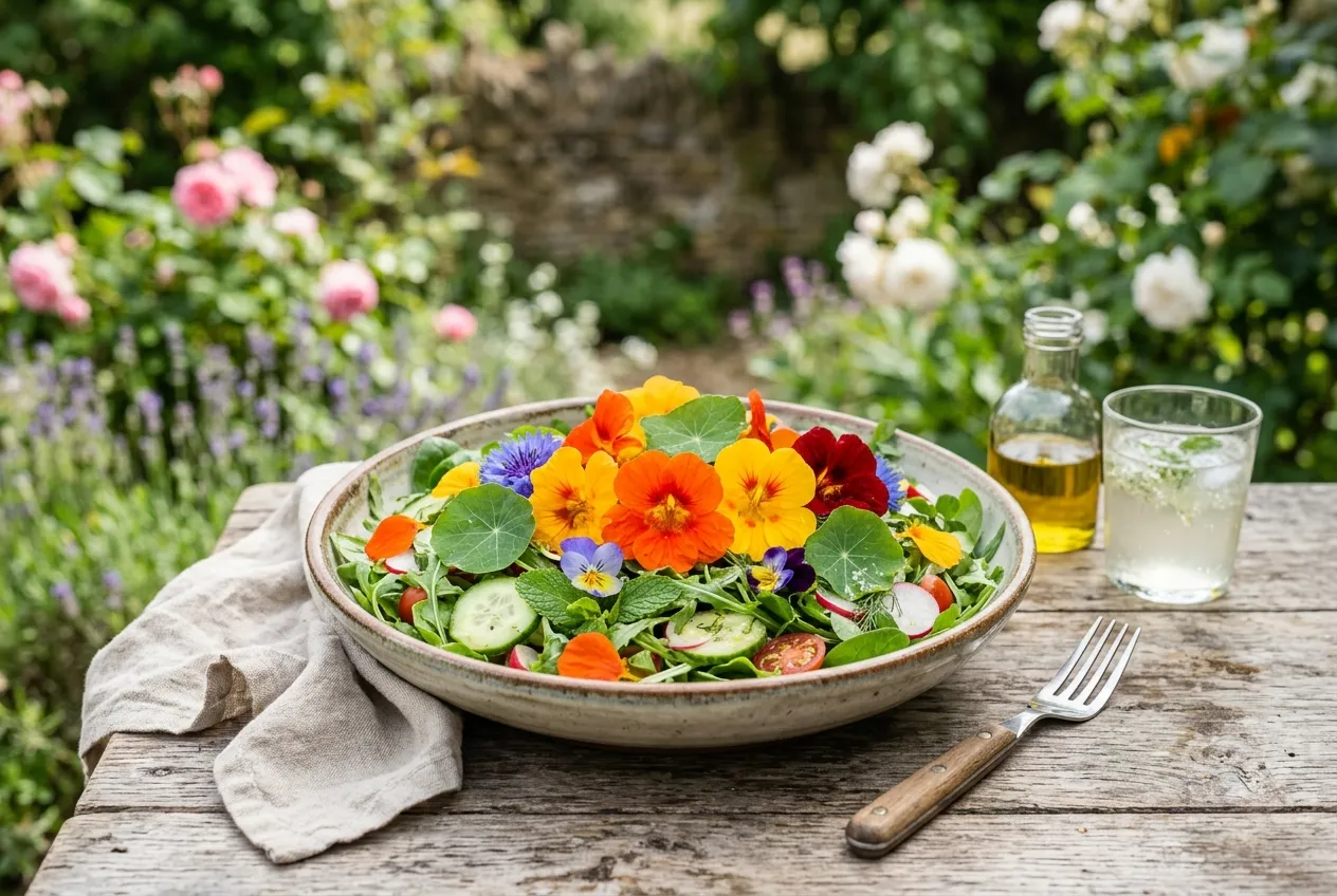Nasturtium flowers and peppery leaves arranged on a fresh summer salad on a rustic table