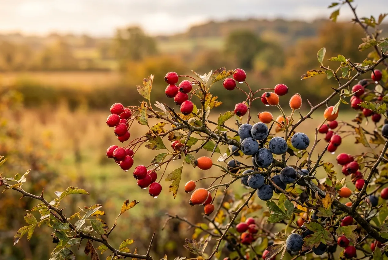 Native hedgerow species autumn berries including red hawthorn haws, dark sloes, and orange rosehips on thorny branches
