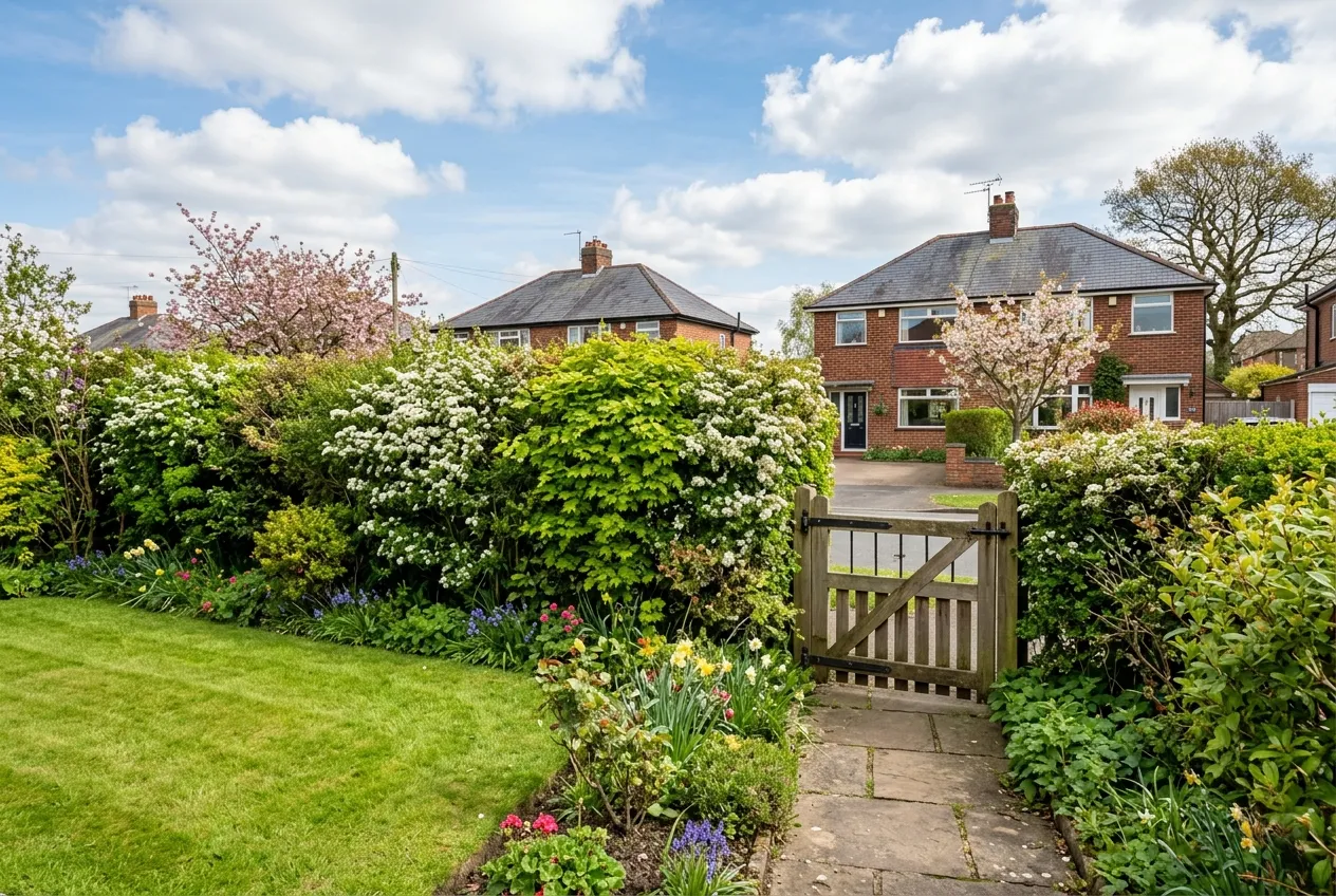 Native hedgerow species forming an established garden boundary hedge with hawthorn and field maple in a suburban UK setting